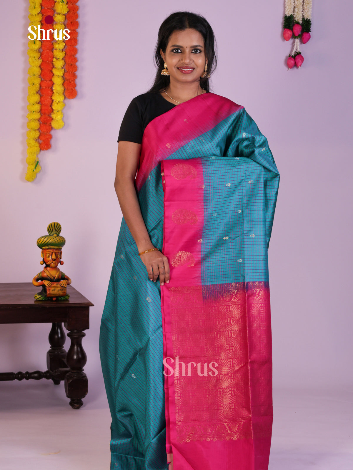 Buy Lustrous Blue Soft Silk Saree with Checks, Zari Buttas, Pink Paisley Border & Brocade Pallu