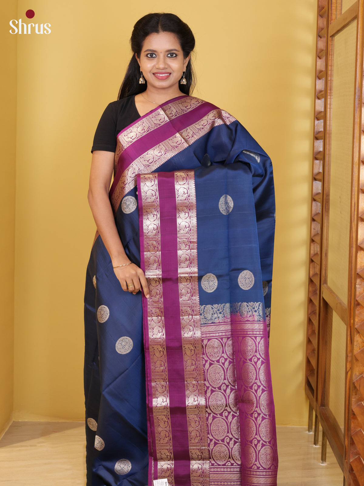 Buy Stunning Blue Soft Silk Saree with Circular Motifs, Purple Rettapet Zari Border & Pallu