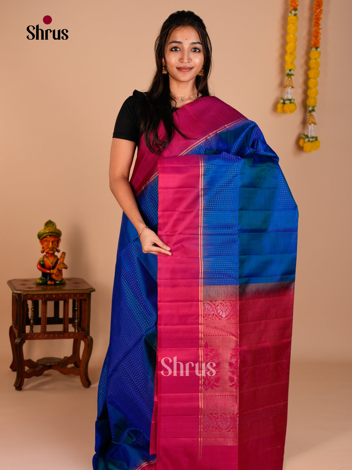 Buy Vibrant Blue Soft Silk Saree with Dotted Lines Butta & Maroon Zari Brocade Pallu