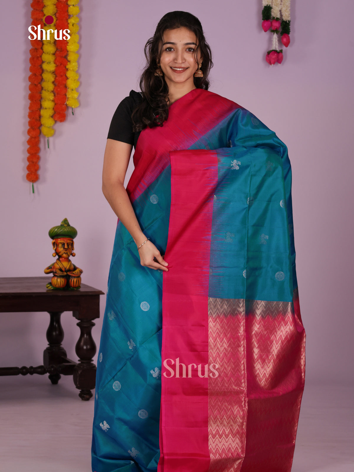 Buy Exquisite Blue Soft Silk Saree with Gold Peacock Buttas, Dark Pink Plain Border & Brocade Pallu