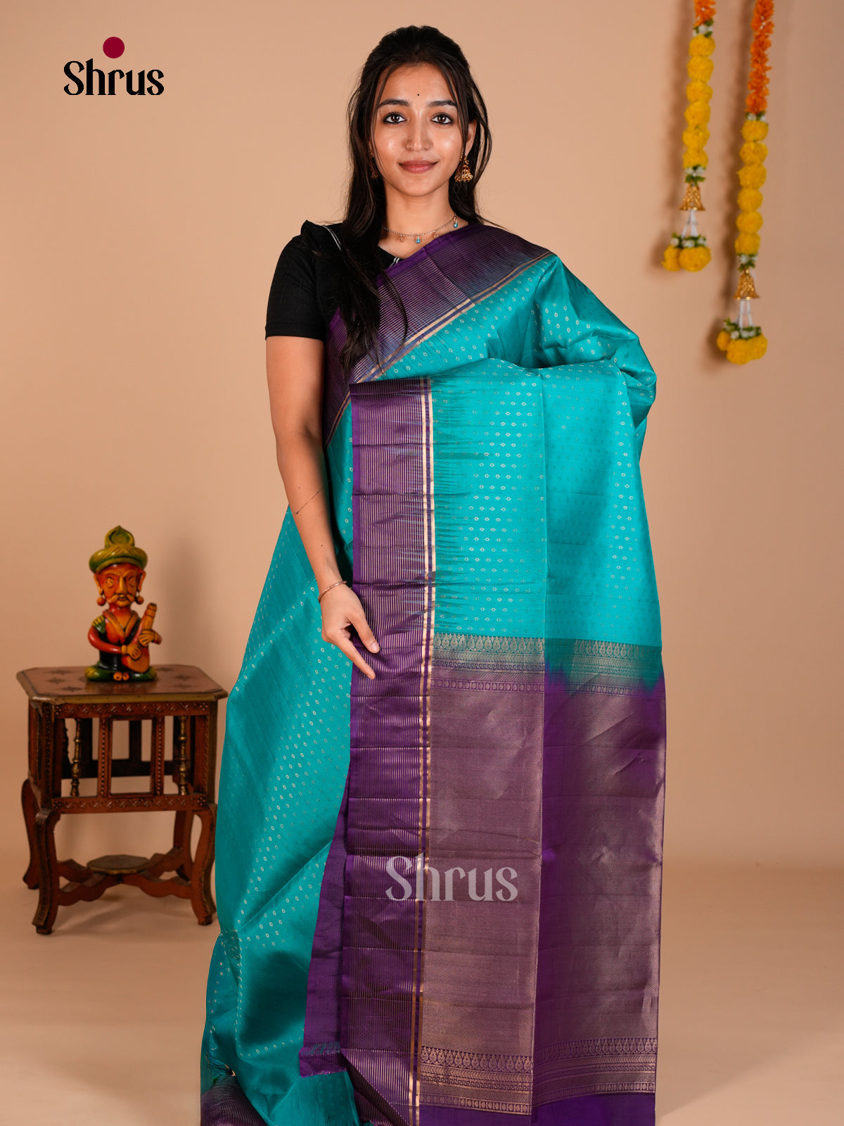 Buy Serene Blue Soft Silk Saree with Intricately Woven Buttas & Violet Zari Brocade Pallu