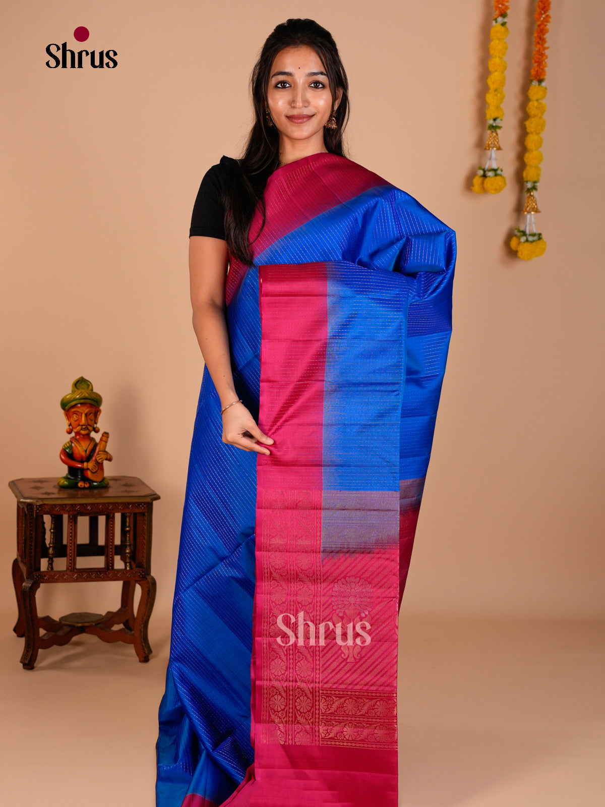 Buy Beautiful Blue Soft Silk Saree with Zari Pinstripes, Magenta Border And Brocade Pallu  