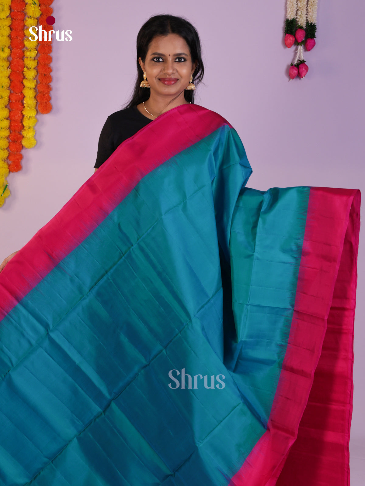 Buy Vibrant Blue Soft Silk Sarees with Plain Body, Pink Border & Brocade Pallu