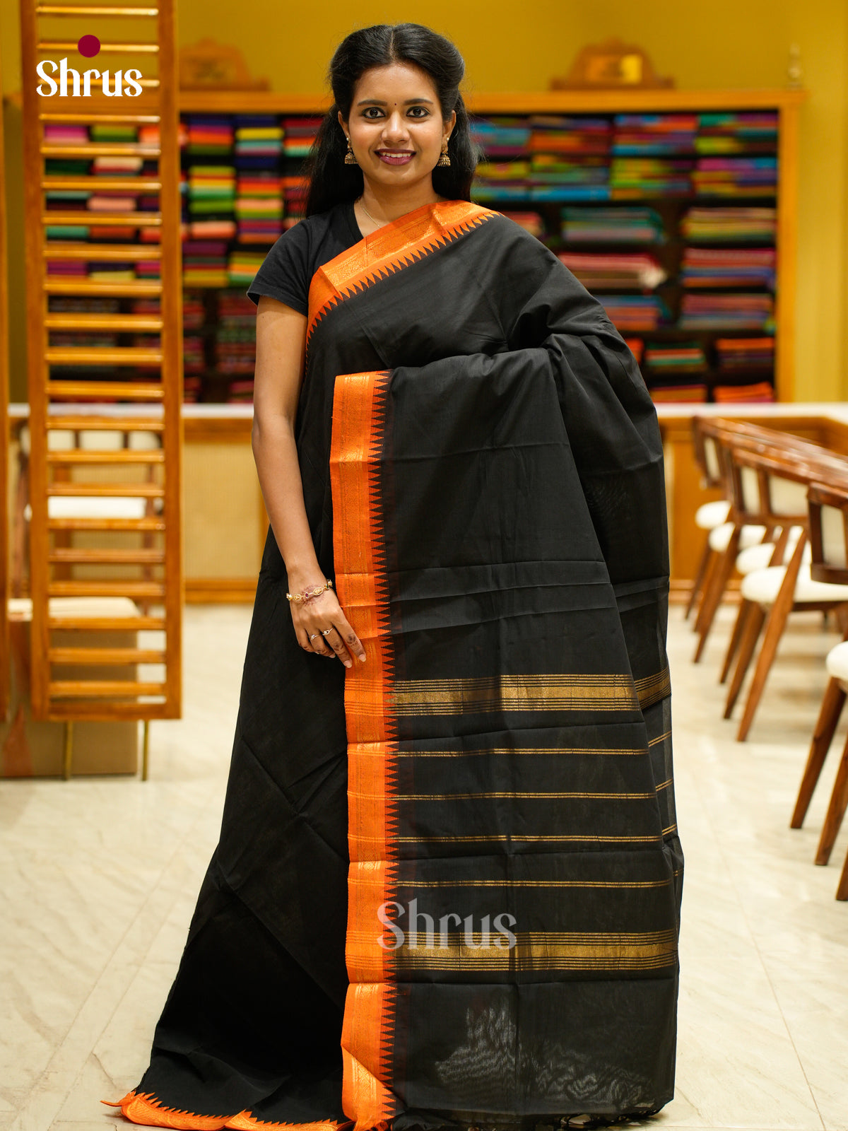 Bold Black Chettinad Cotton Saree With Plain Body & Orange Thin Temple Border