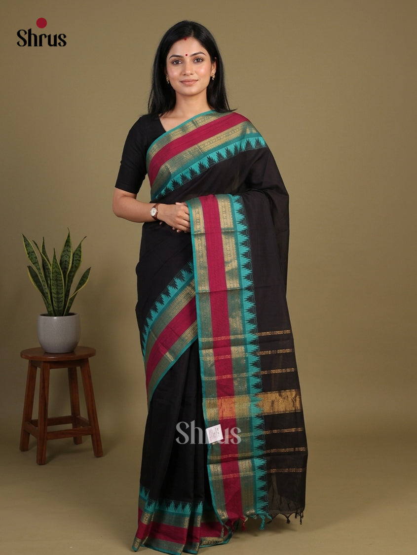 Bold Black Chettinad Cotton Saree With Plain Body & Turquoise Rettapet Zari Border