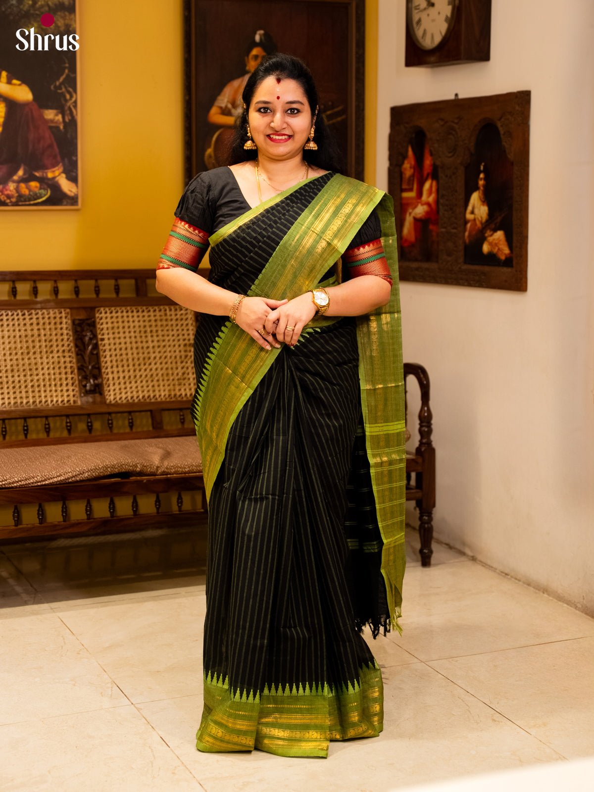 Bold Black Chettinad Cotton Saree With Woven Stripes & Lime Green Temple  Zari Border