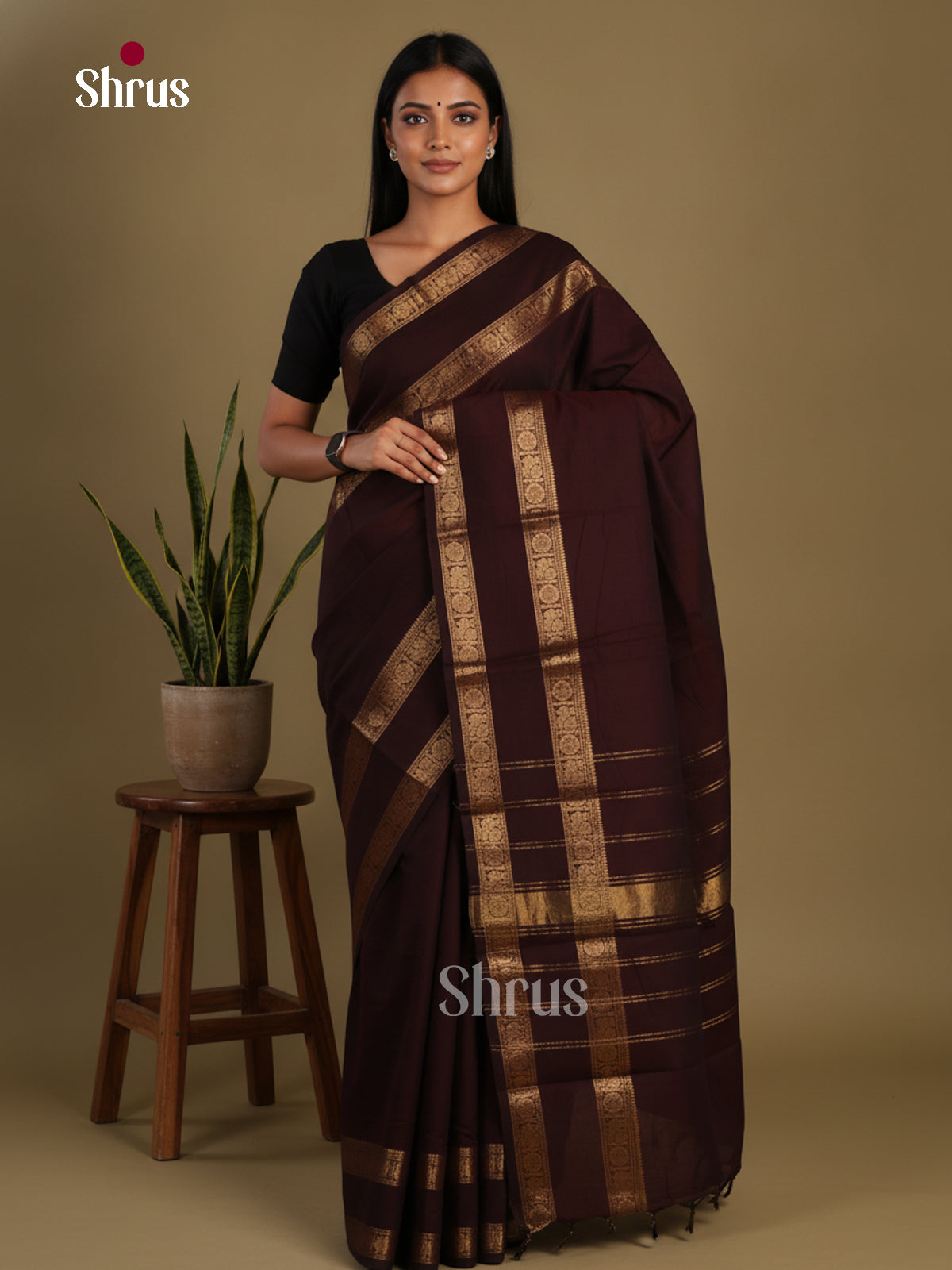 Bold Dark Brown Chettinad Cotton Saree With Plain Body, Rettapet Zari Border & Traditional Pallu