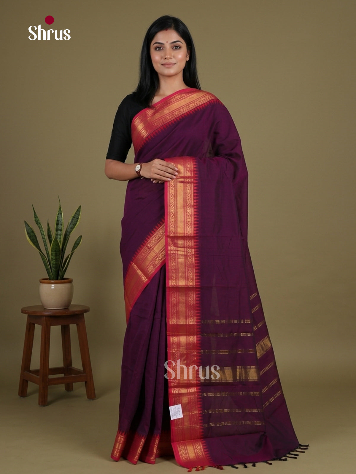 Bold Purple Chettinad Cotton Saree With Solid Body & Red Temple Zari Border