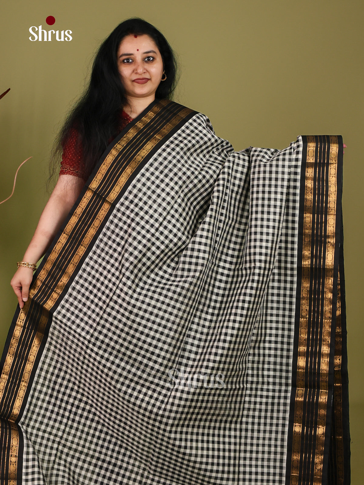 Bold White & Black Checked Cotton Silk Saree With Black Woven Rettapet Border & Zari Brocade Pallu 1