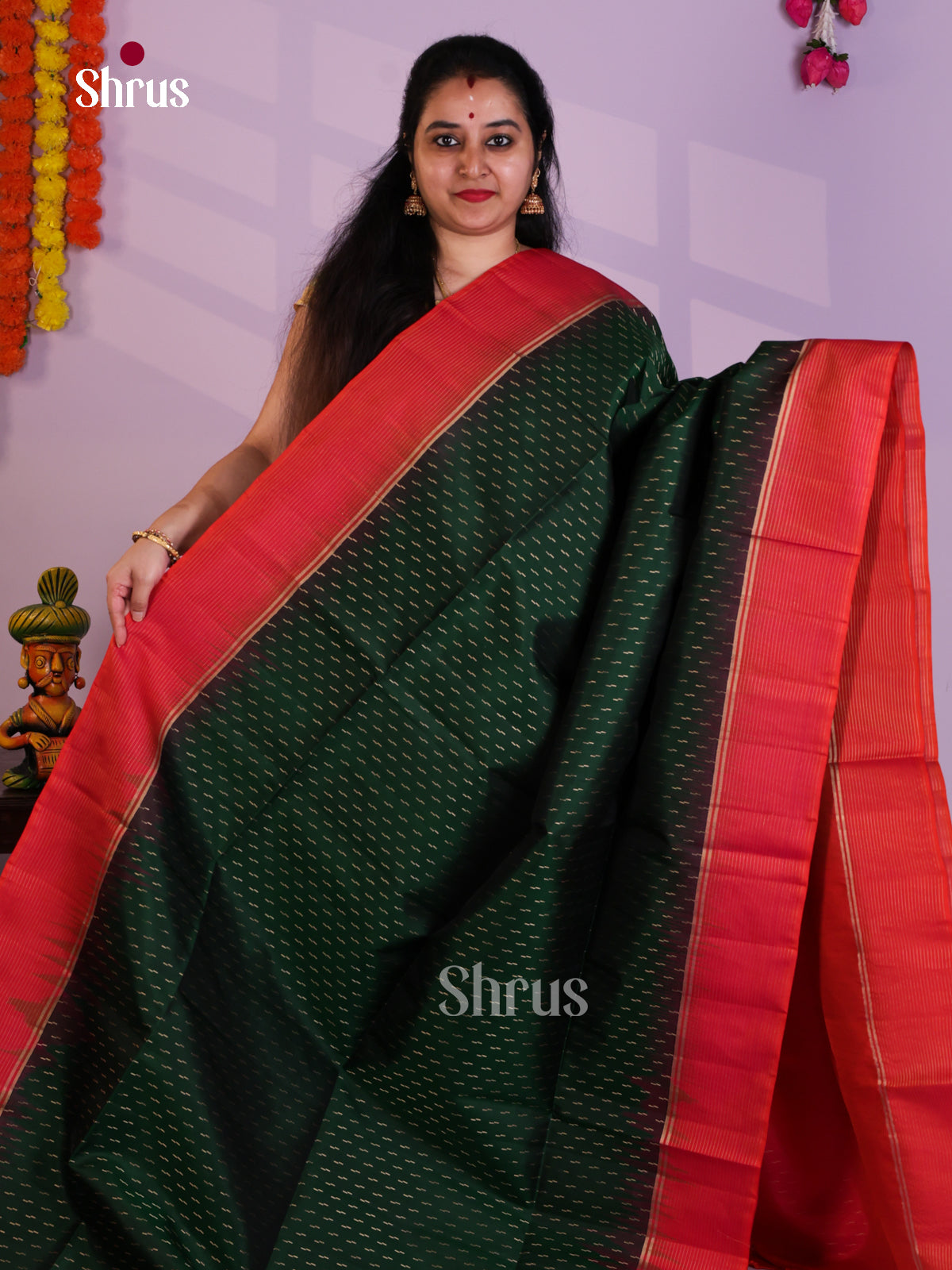 Buy Regal Bottle Green Pure Soft Silk Saree with Stripes Butta & Orange Zari Brocade Pallu