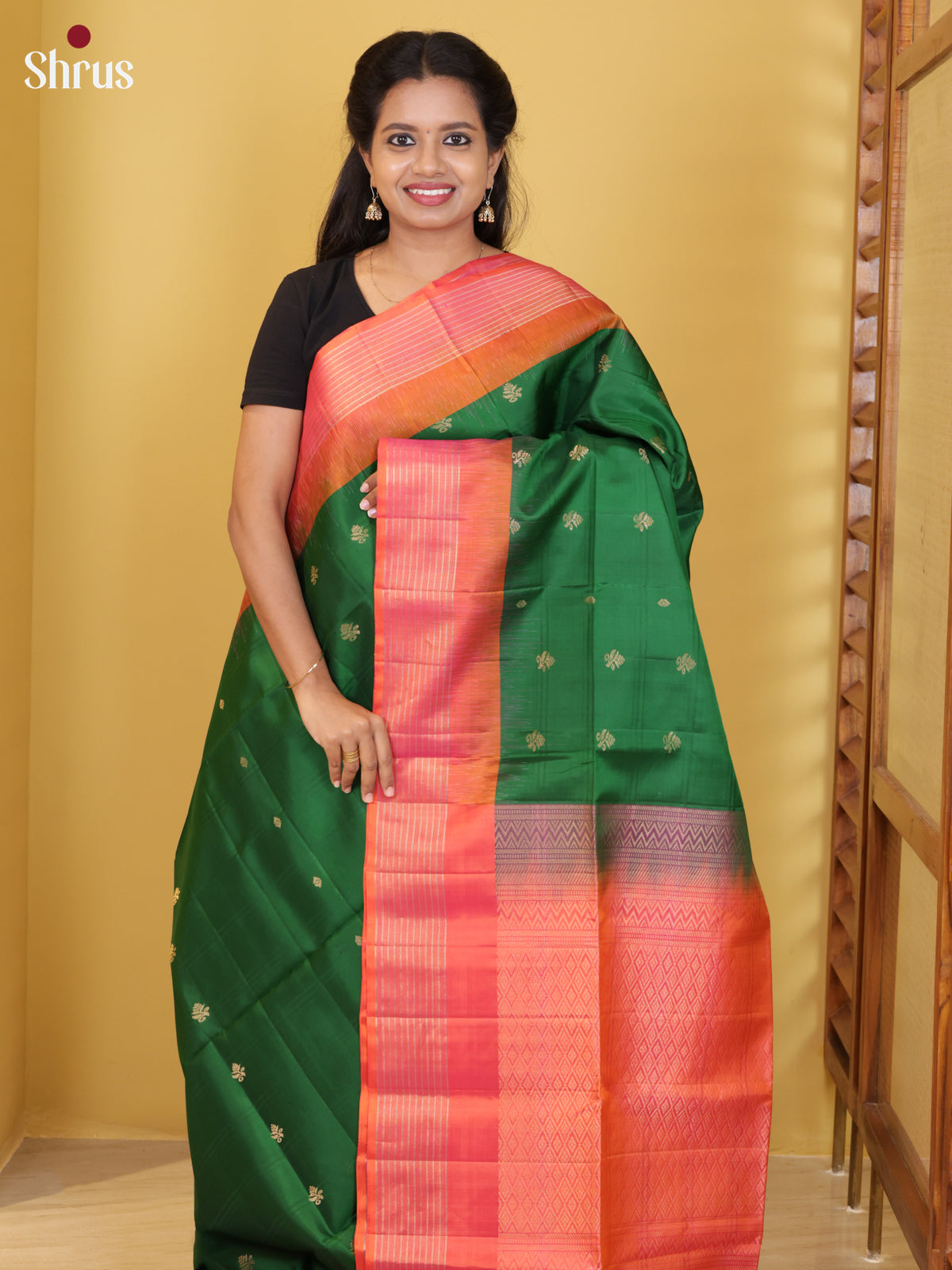 Buy Classy Bottle Green Soft Silk Saree with Floral Buttas, Orangish Pink Striped Border & Brocade Pallu