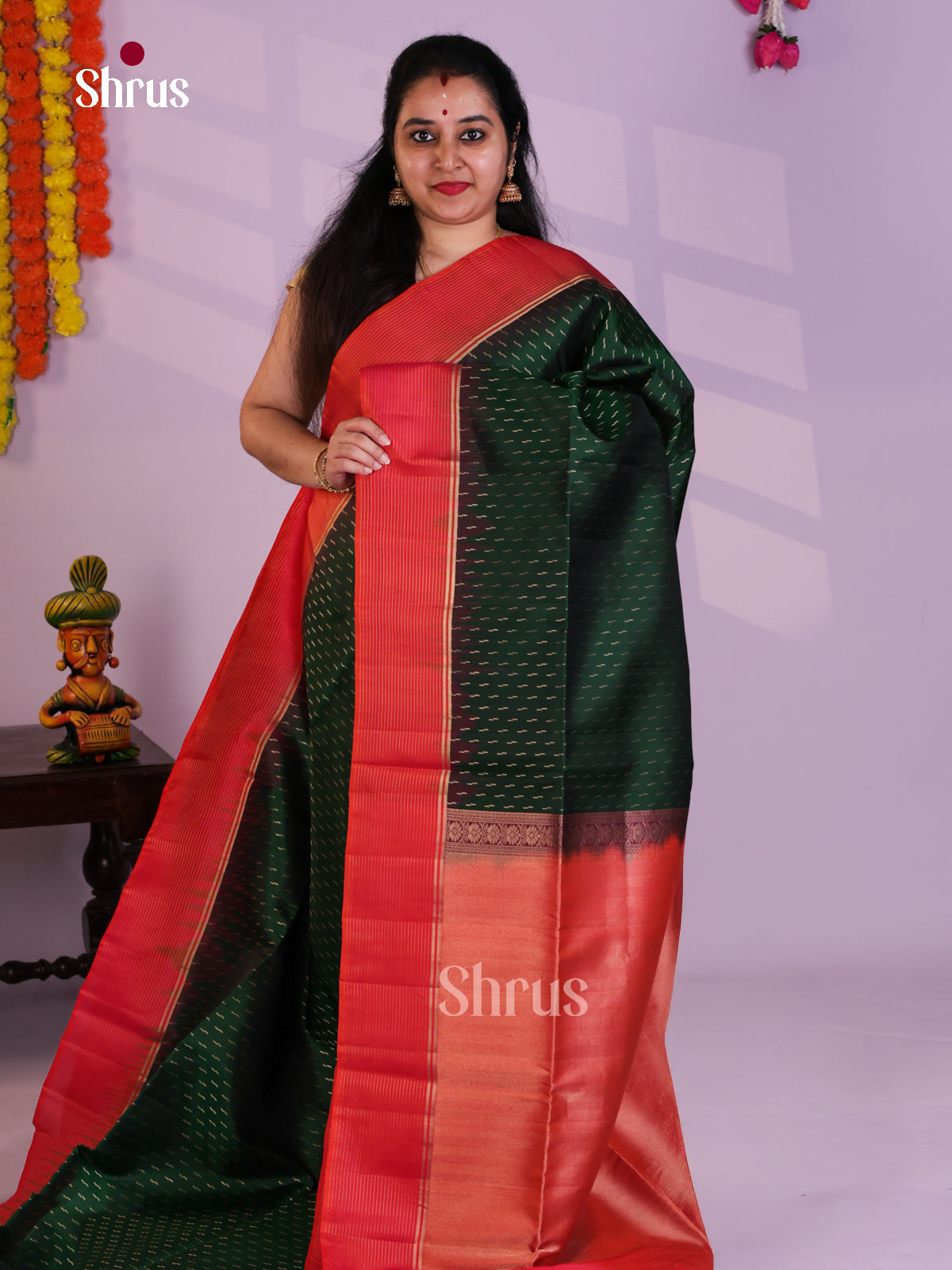 Buy Regal Bottle Green Soft Silk Saree with Stripes Butta & Orange Zari Brocade Pallu