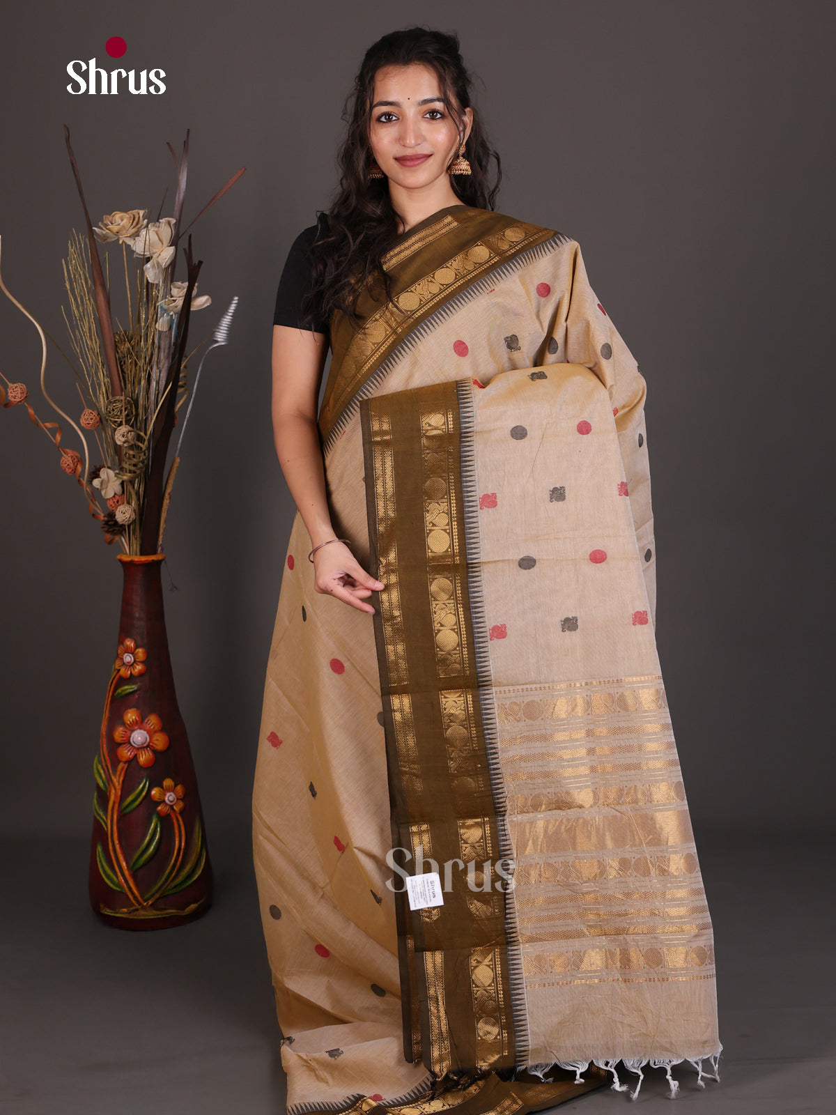Breezy Beige Chettinad Cotton Saree With Thread Buttas & Rich Zari Woven Pallu
