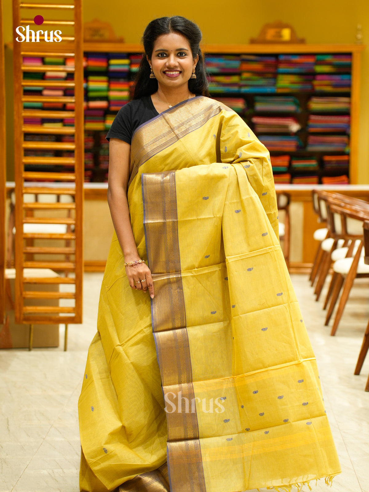 Breezy Pastel Mustard Chettinad Cotton Saree With Thread Buttas & Grey Zari Border