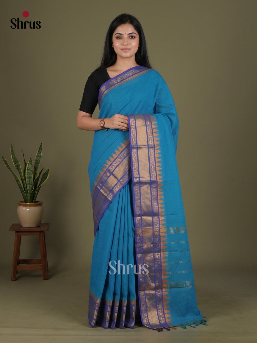 Bright Blue Chettinad Cotton Saree With Plain Body, Violet Temple Zari Border & Chit Pallu