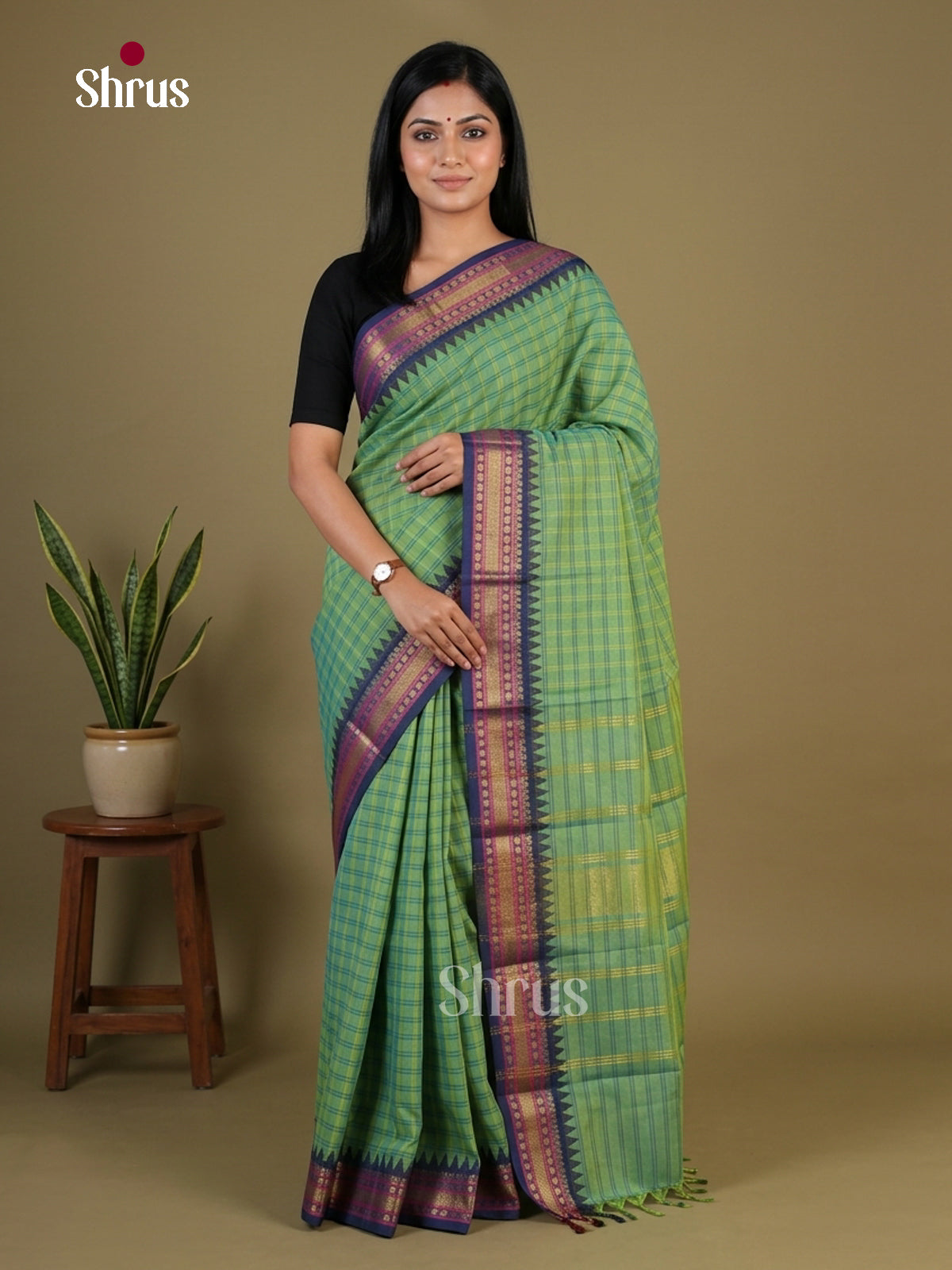 Bright Light Green Chettinad Cotton Saree With Checks & Navy Blue Temple Zari Border