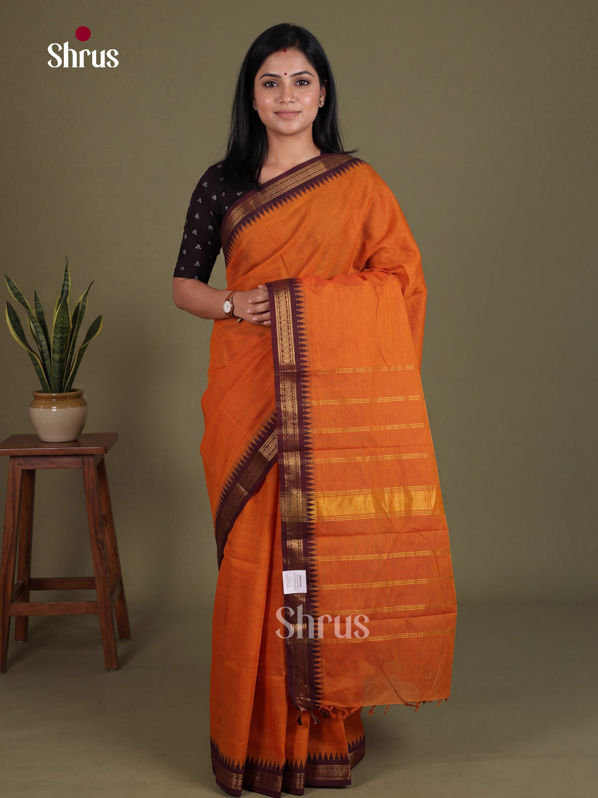 Bright Orange Chettinad Cotton Saree With Small Purple Temple Zari Border & Traditional Pallu