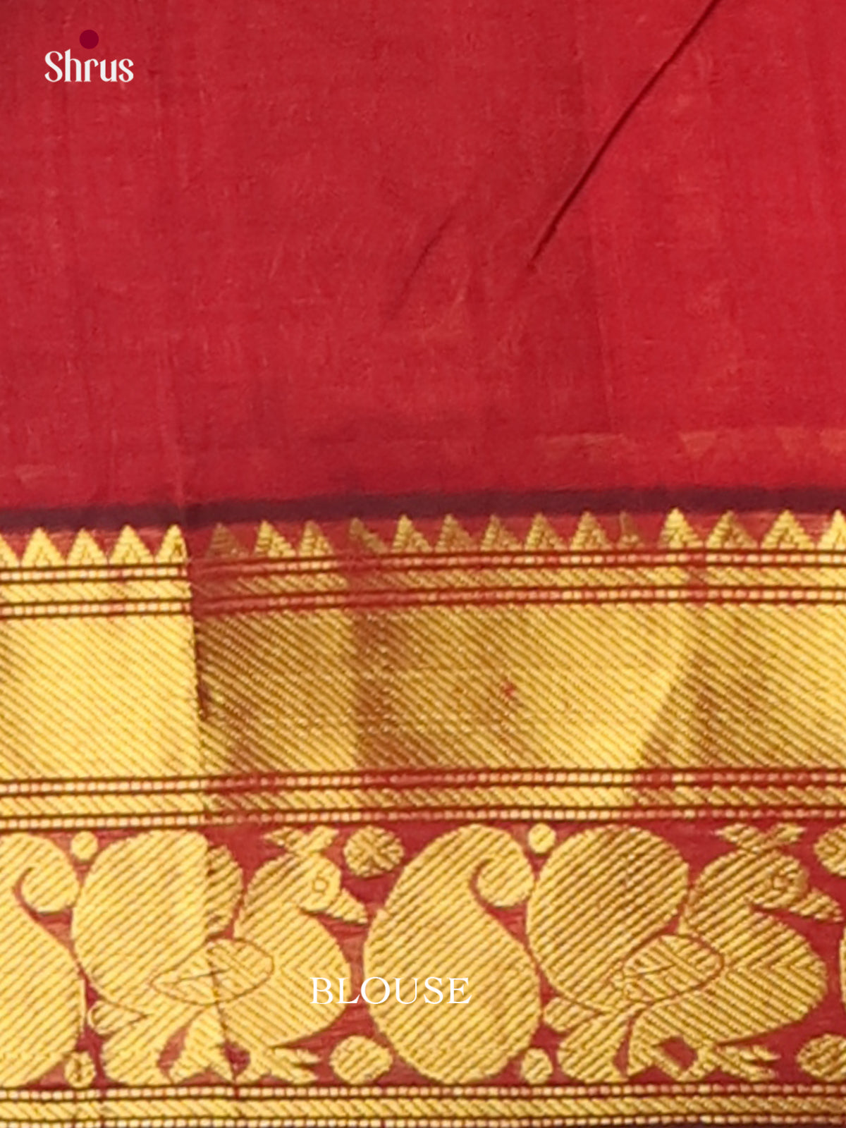 Bright Red Cotton Silk Saree with Intricate Golden Stripes, Buttas & Maroon Zari Border 2