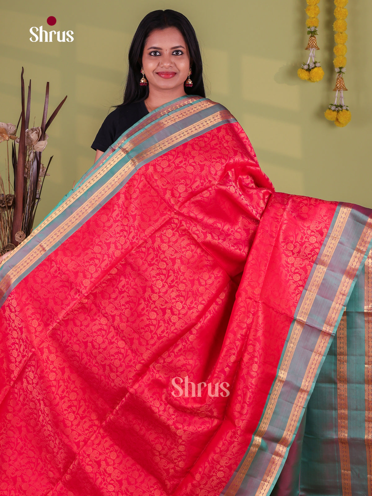Brilliant Crimson Red Soft Silk Sarees With Vanasingaram Jacquard Pattern & Grayish Blue Zari Border 1