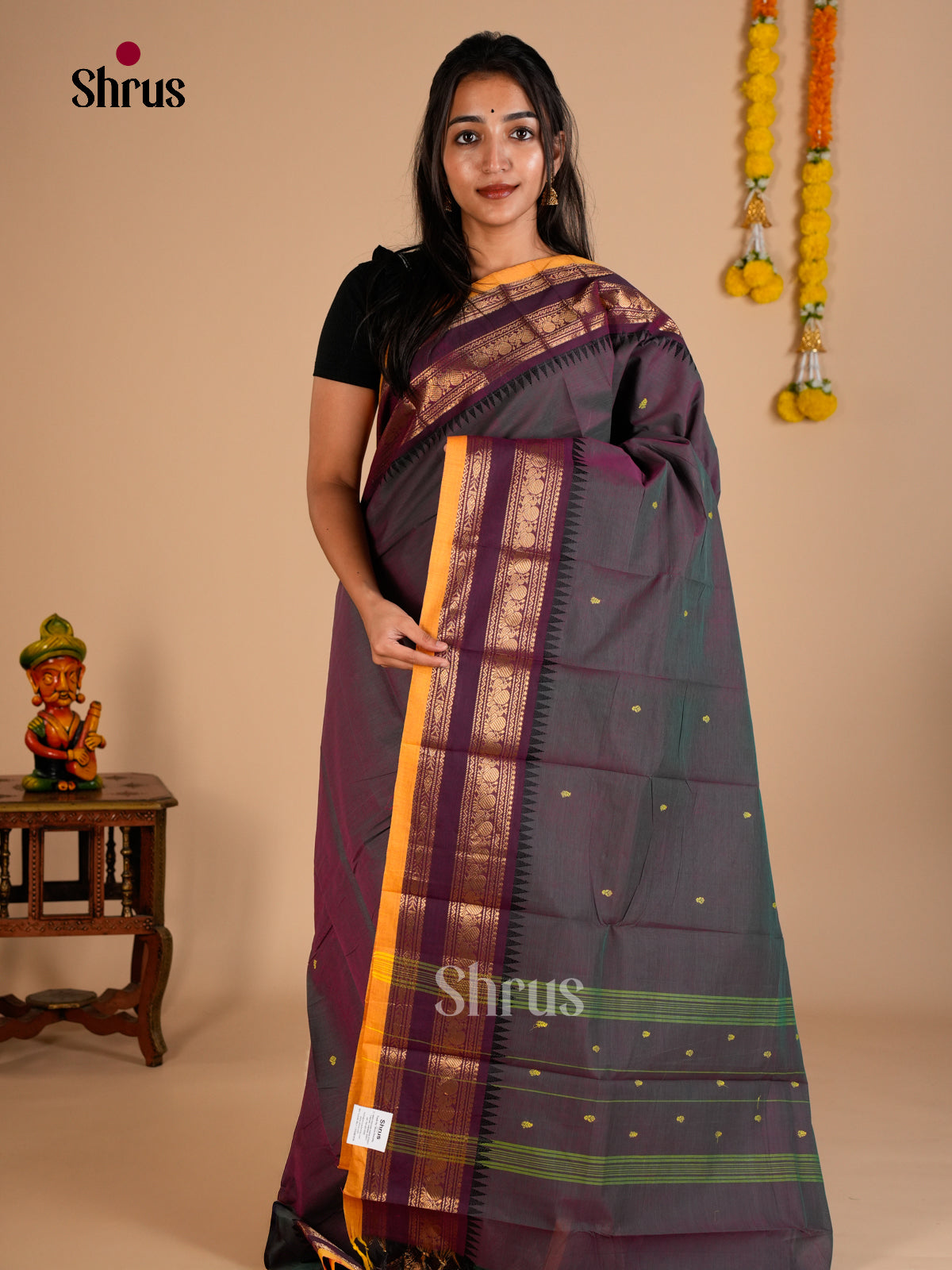Brilliant Greyish Purple Chettinad Cotton Saree With Buttas & Violet Rettapet Zari Border