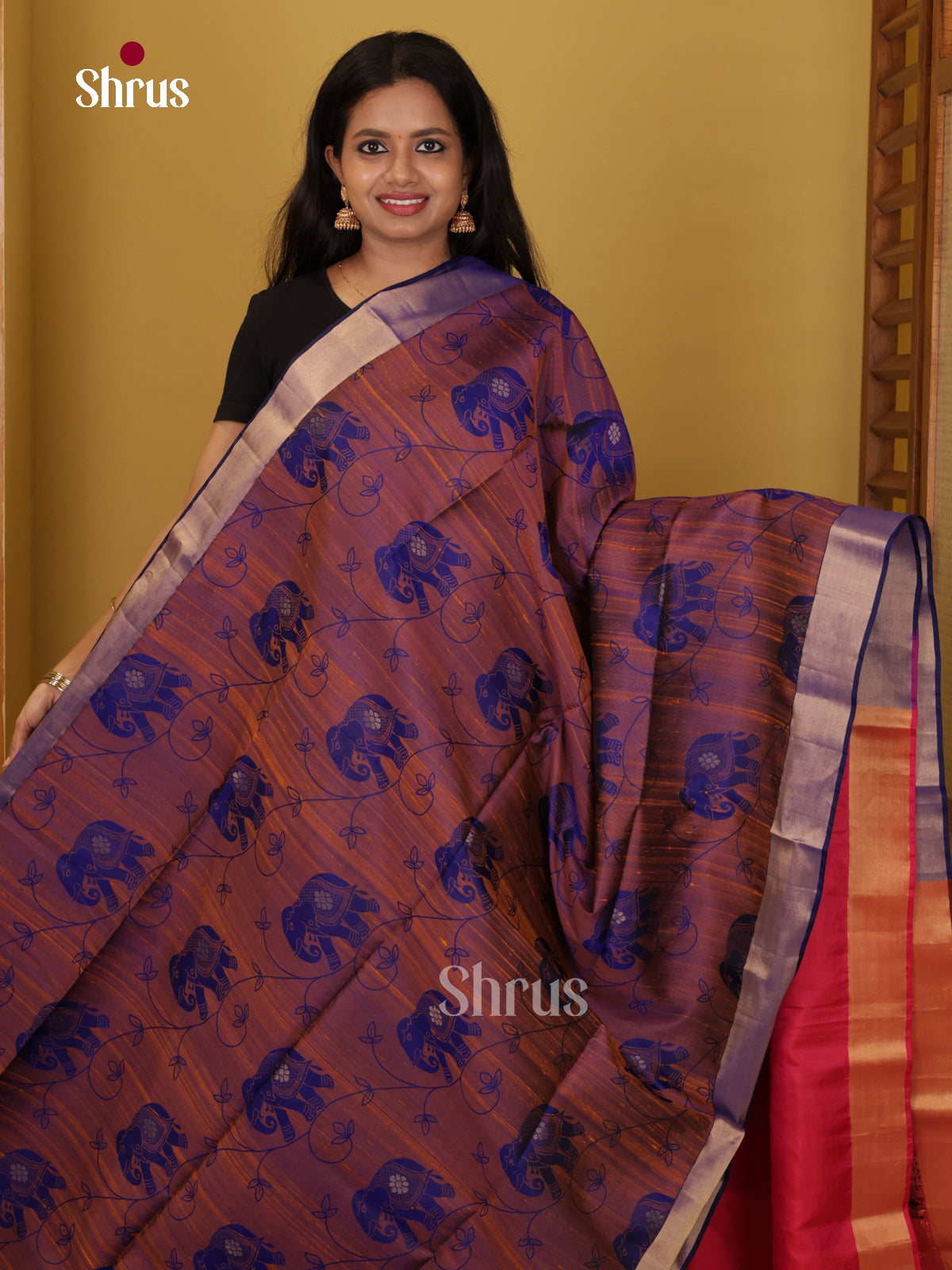 Buy Glamorous Bronze Pure Soft Silk Saree With Elephant Motif Prints & Pink Brocade Pallu