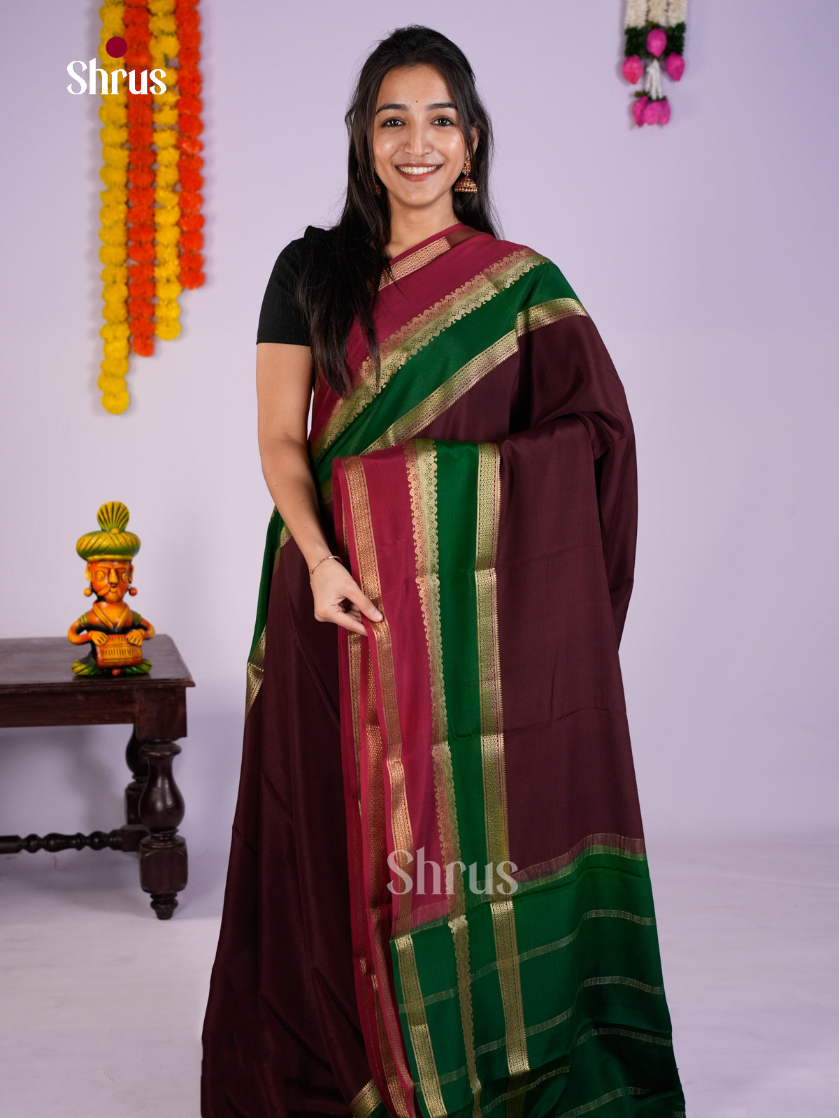 Buy Classy Brown Mysore Silk Saree with Maroon & Green Double Border And Traditional Pallu