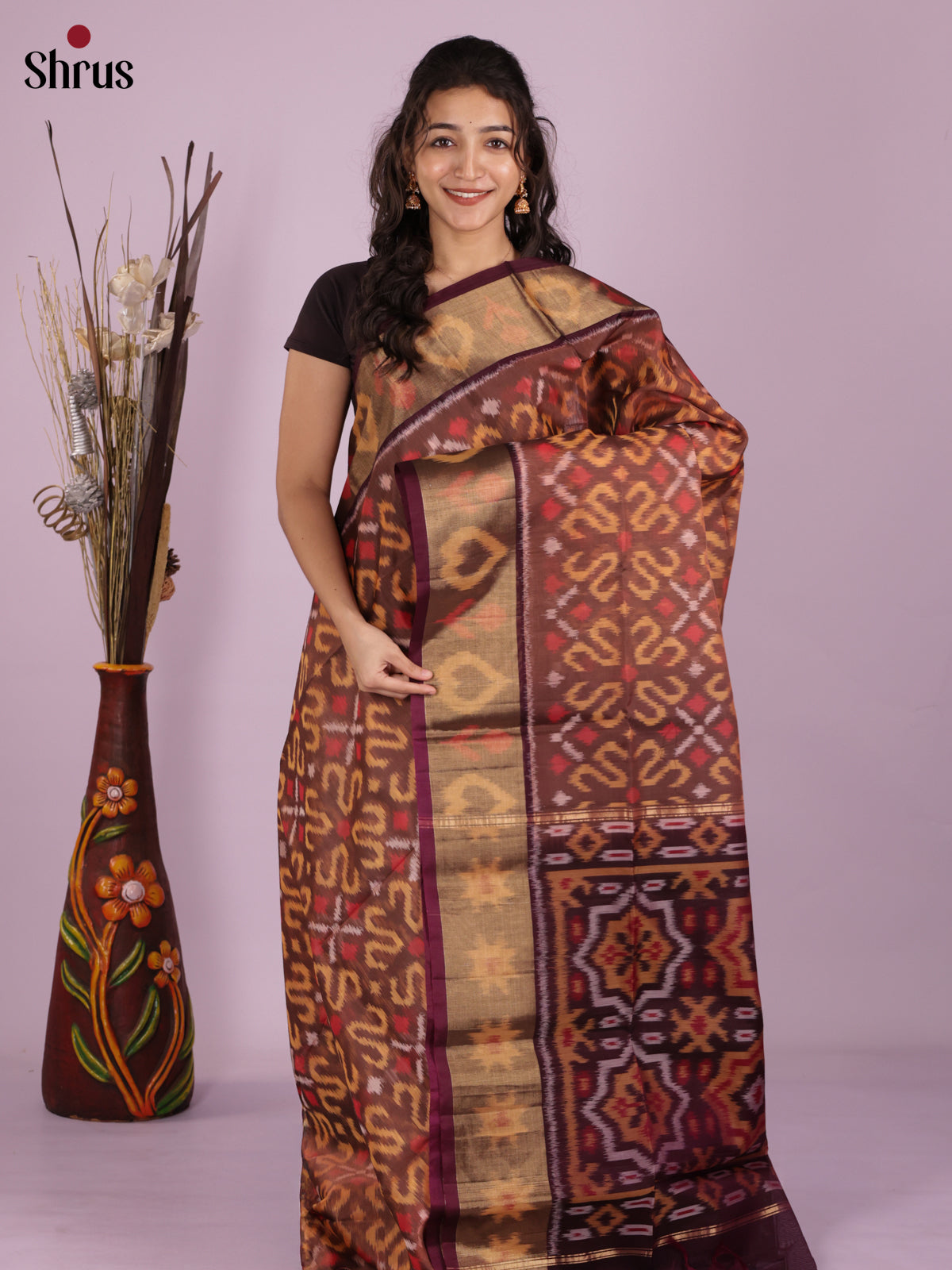 Buy Earthy Brown Pochampally Silk Cotton Saree With Ikat Motifs, Maroon Border & Pallu