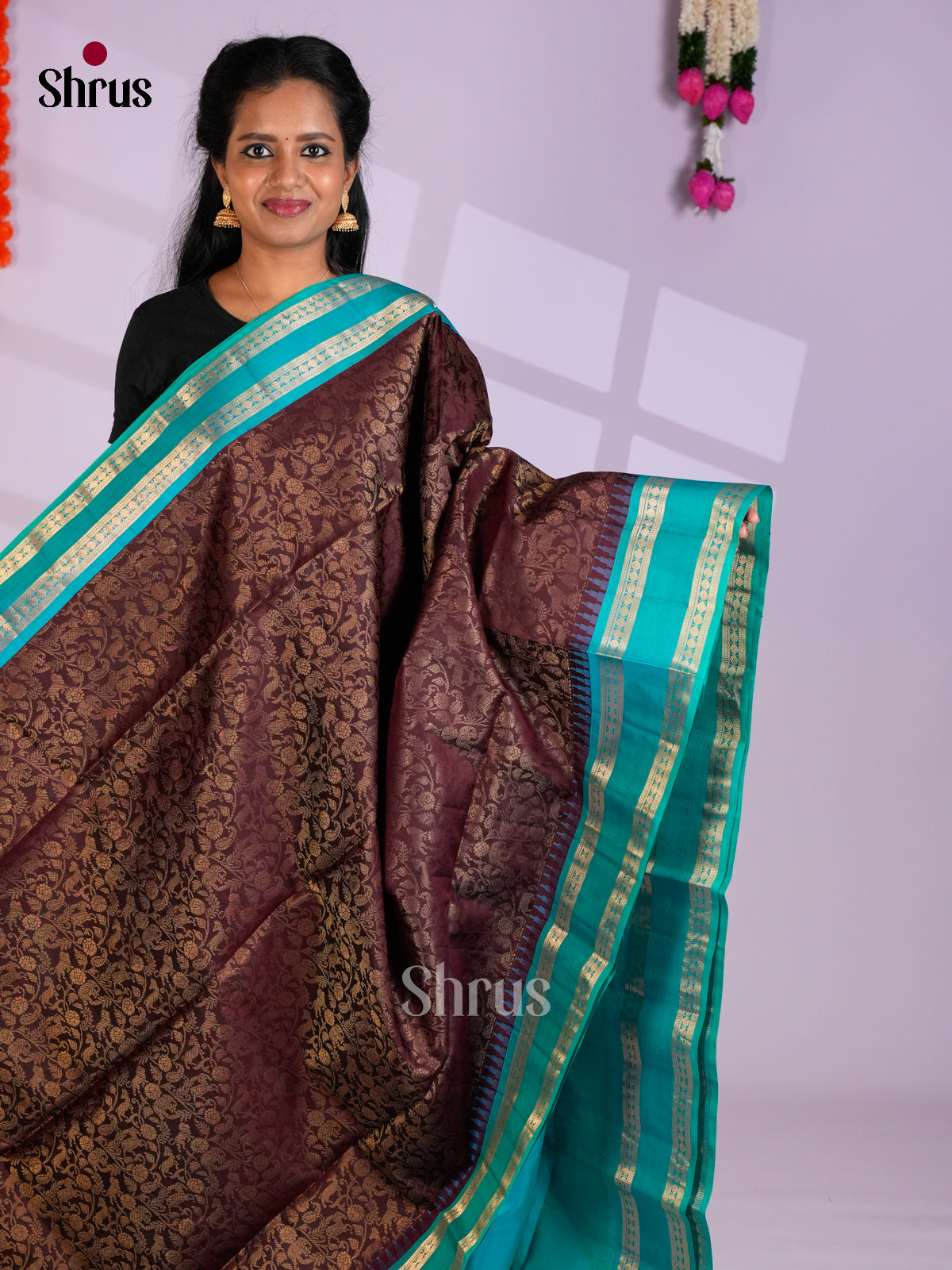 Buy Shimmery Brown Pure Soft Silk Saree with Vanashigaram Zari Brocade & Turquoise Rettaipet Border