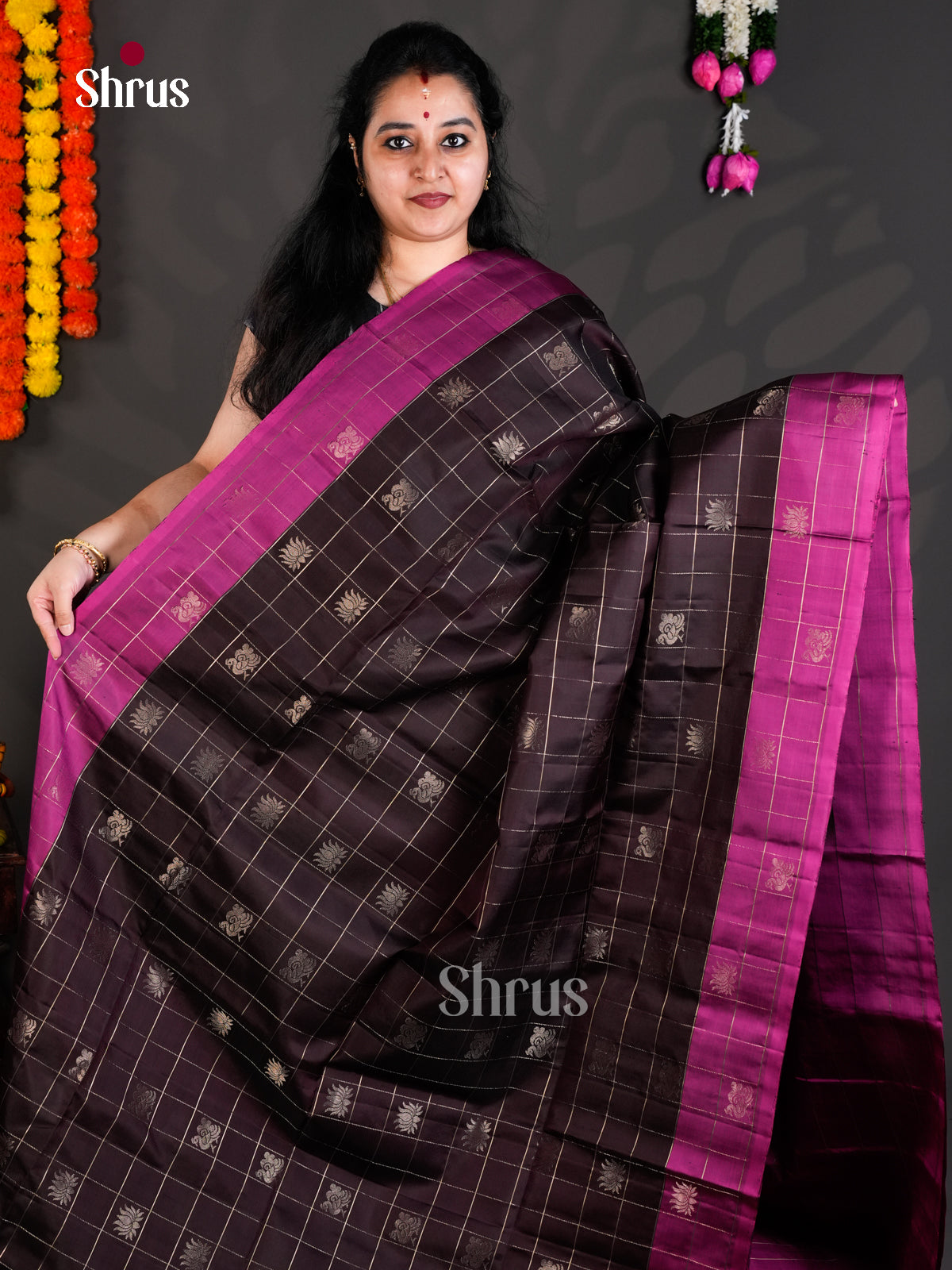 Buy Elegant Brown Pure Soft Silk Saree with Zari Checks, Buttas & Magenta Brocade Pallu