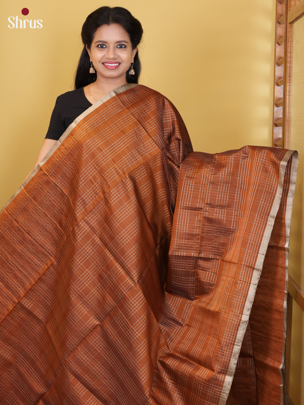 Buy Classic Brown Pure Soft Silk Saree with Zari Checks, Kaddi Border & Brocade Pallu