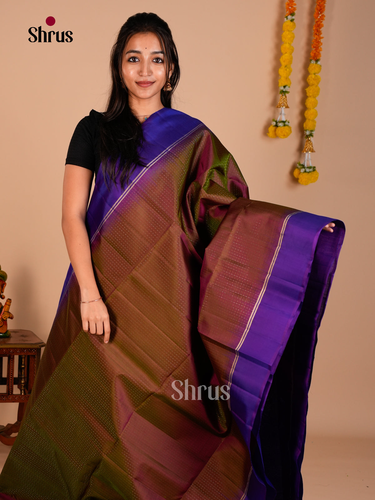 Buy Classy Brown Pure Soft Silk Saree with Zari Dotted Stripes & Violet Brocade Pallu 