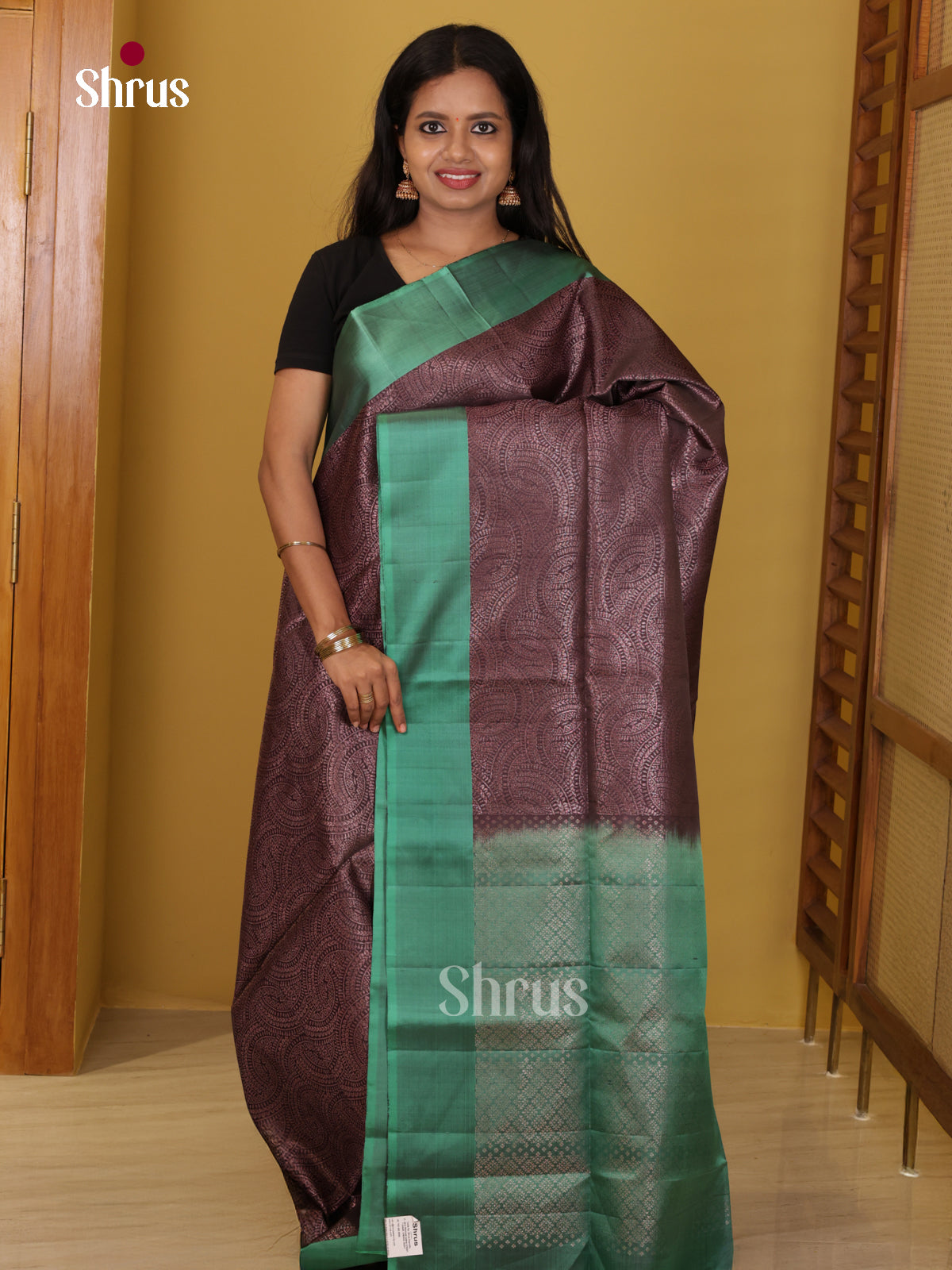 Sheeny Brown Soft Silk Saree With Self Zari Brocade, Sea Green Border & Brocade Pallu