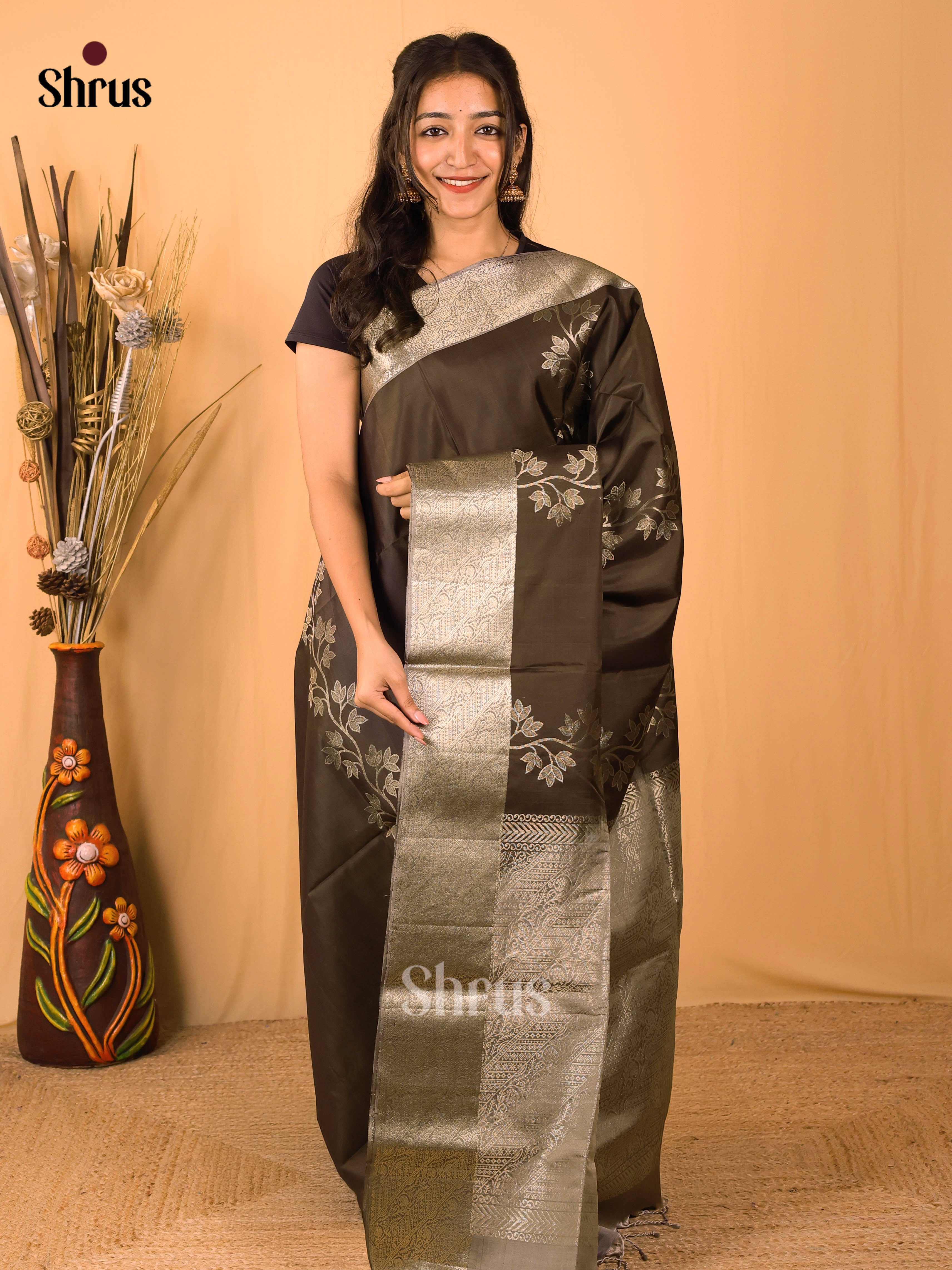 Beautiful Brown Soft Silk Saree with Silver Floral Vines, Grey Zari Border & Beige Brocade Pallu
