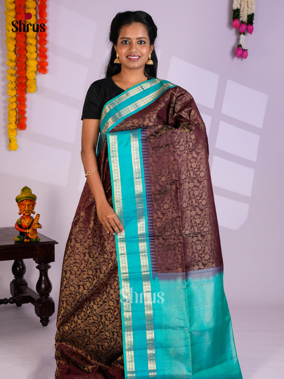 Buy Shimmery Brown Soft Silk Saree with Vanashigaram Zari Brocade & Turquoise Rettaipet Border