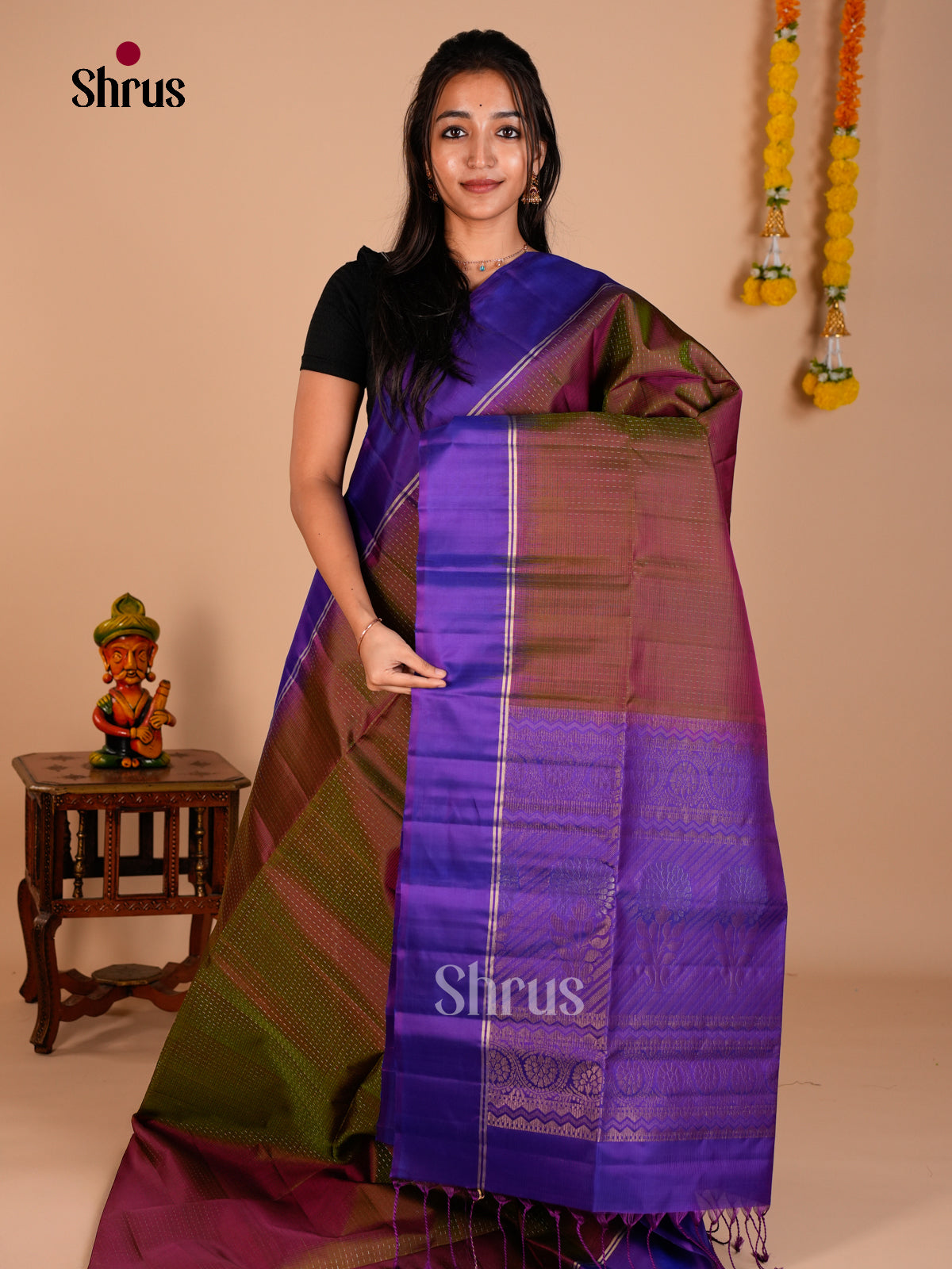 Buy Classy Brown Soft Silk Saree with Zari Dotted Stripes & Violet Brocade Pallu 