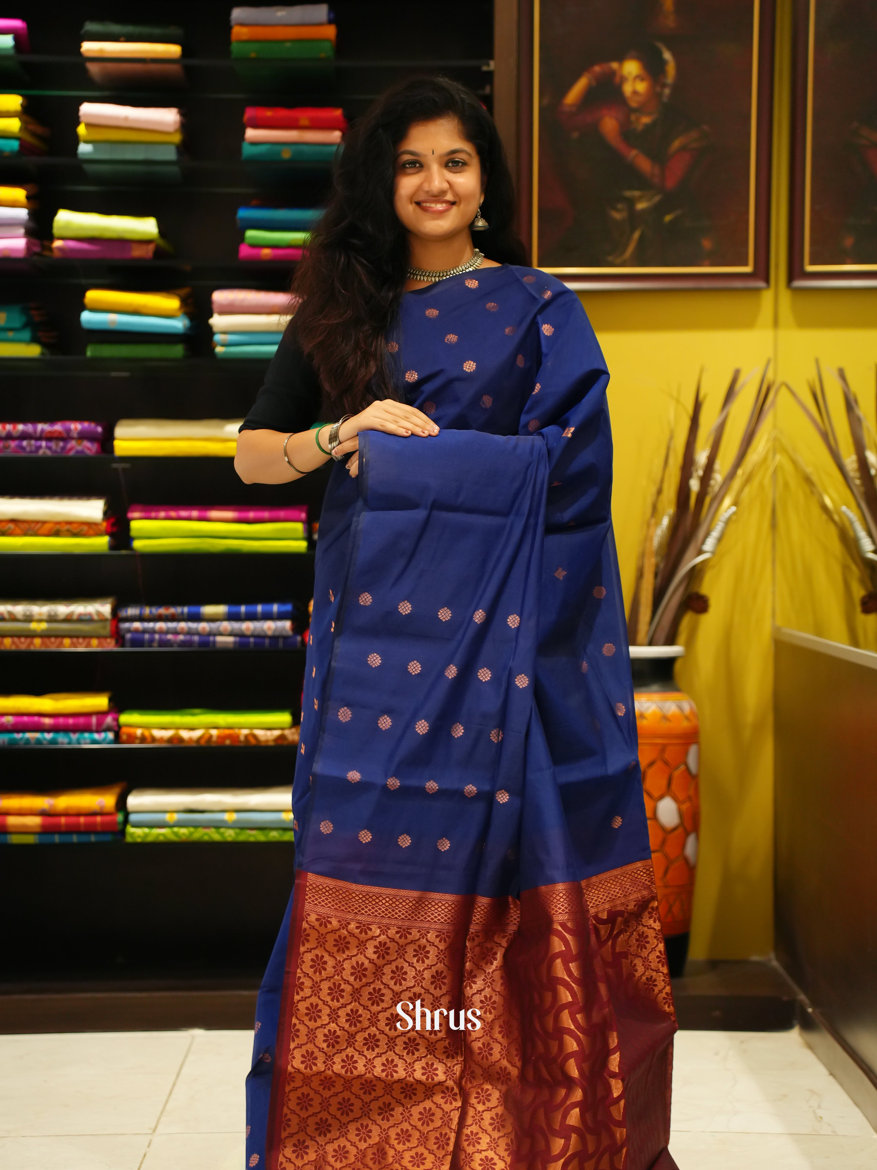 Blue & Maroon -Semi Silkcotton  Saree