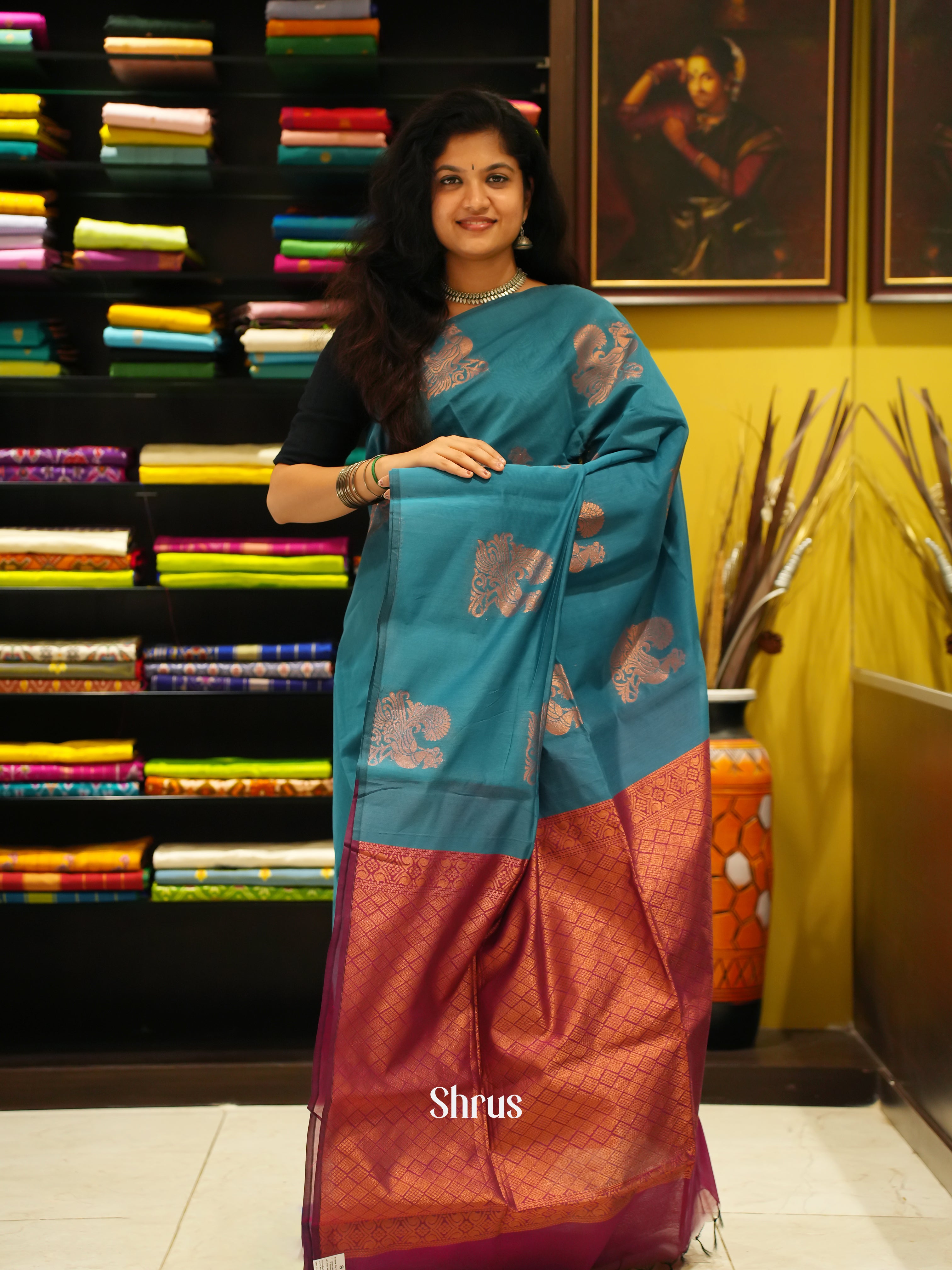 Blue & Maroon -Semi Silkcotton Saree