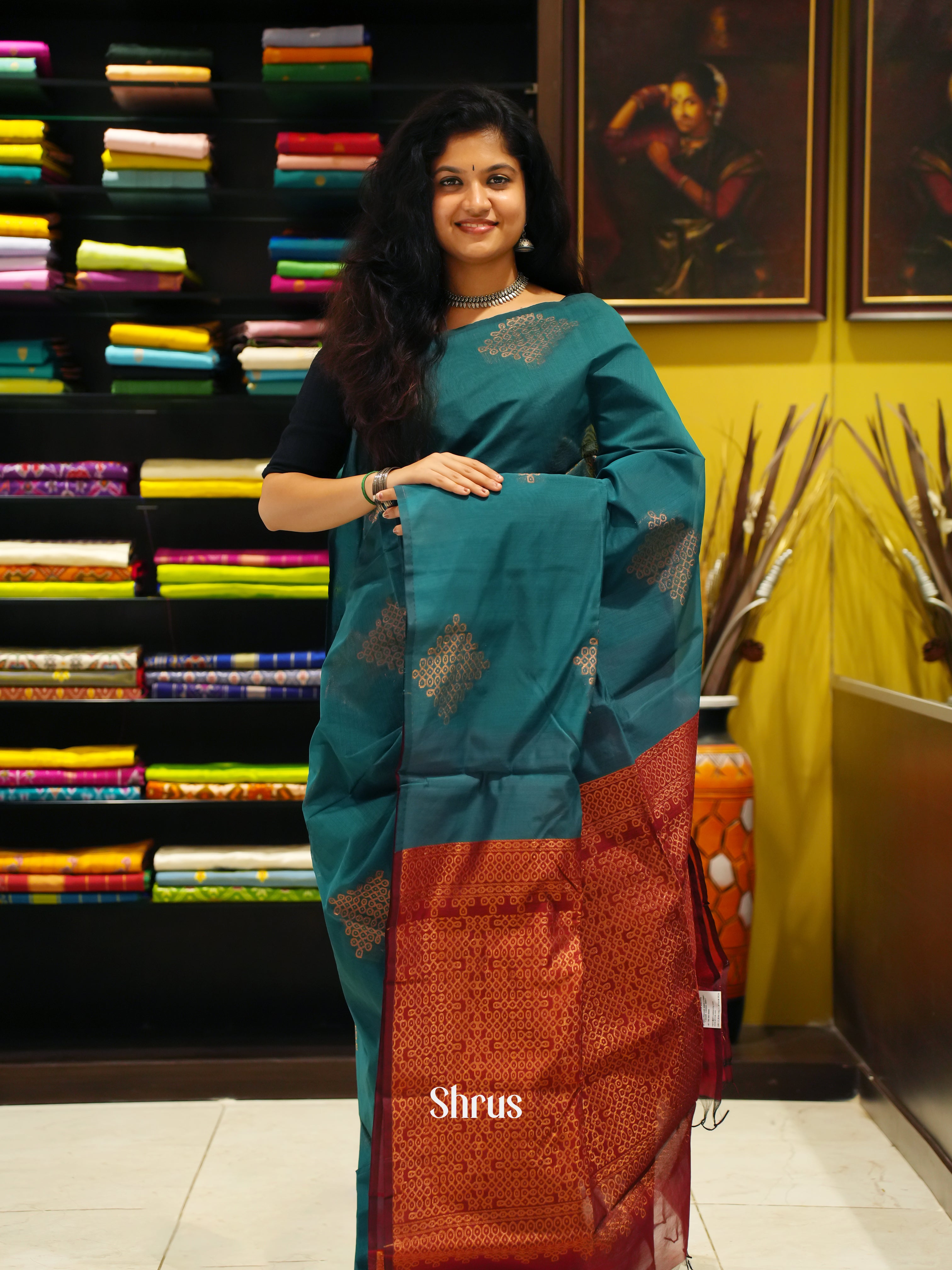 Green And Arraku Maroon- Semi Silk Cotton Saree