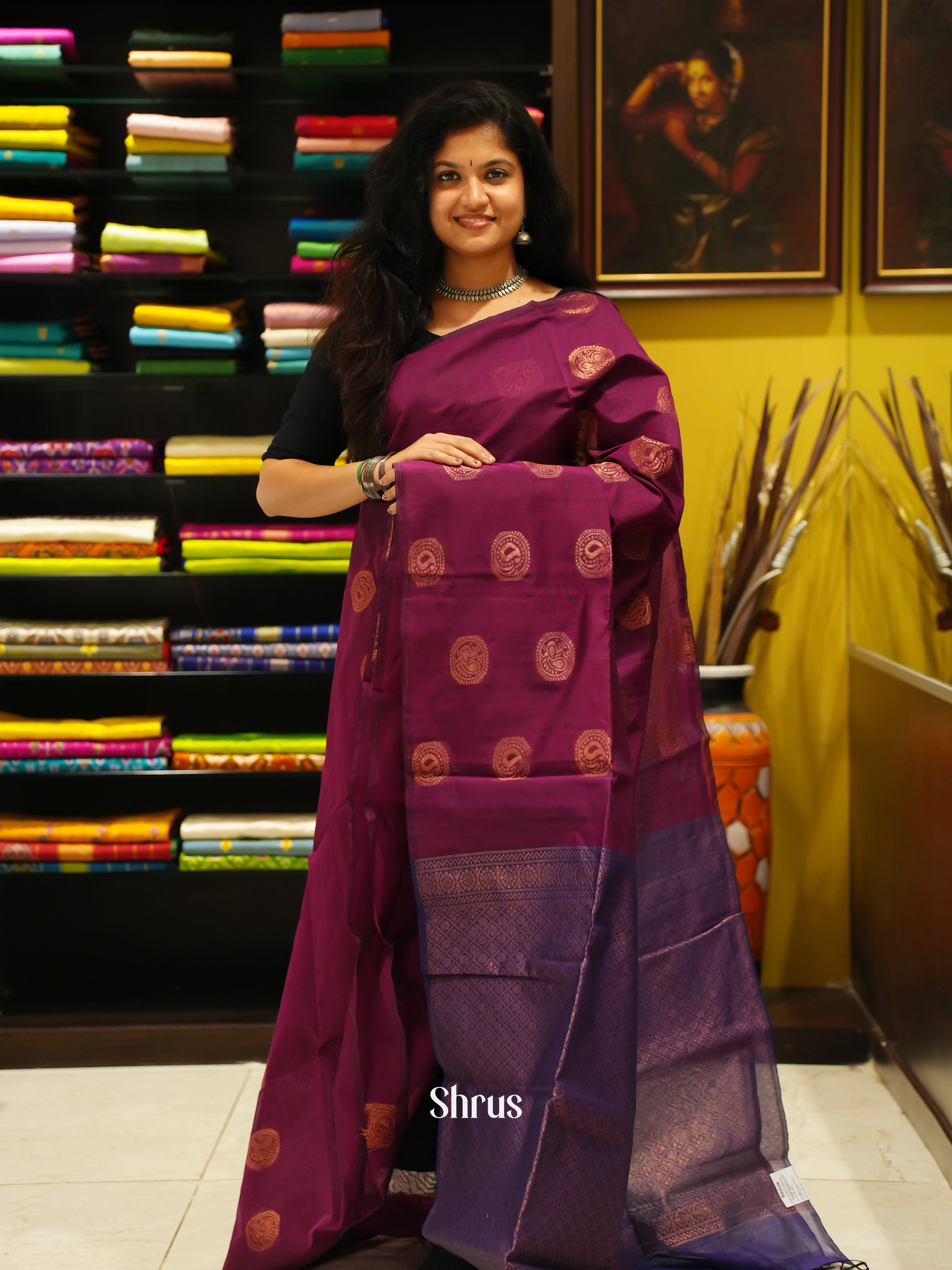 Wine And Eggplant- Semi Silk Cotton Saree