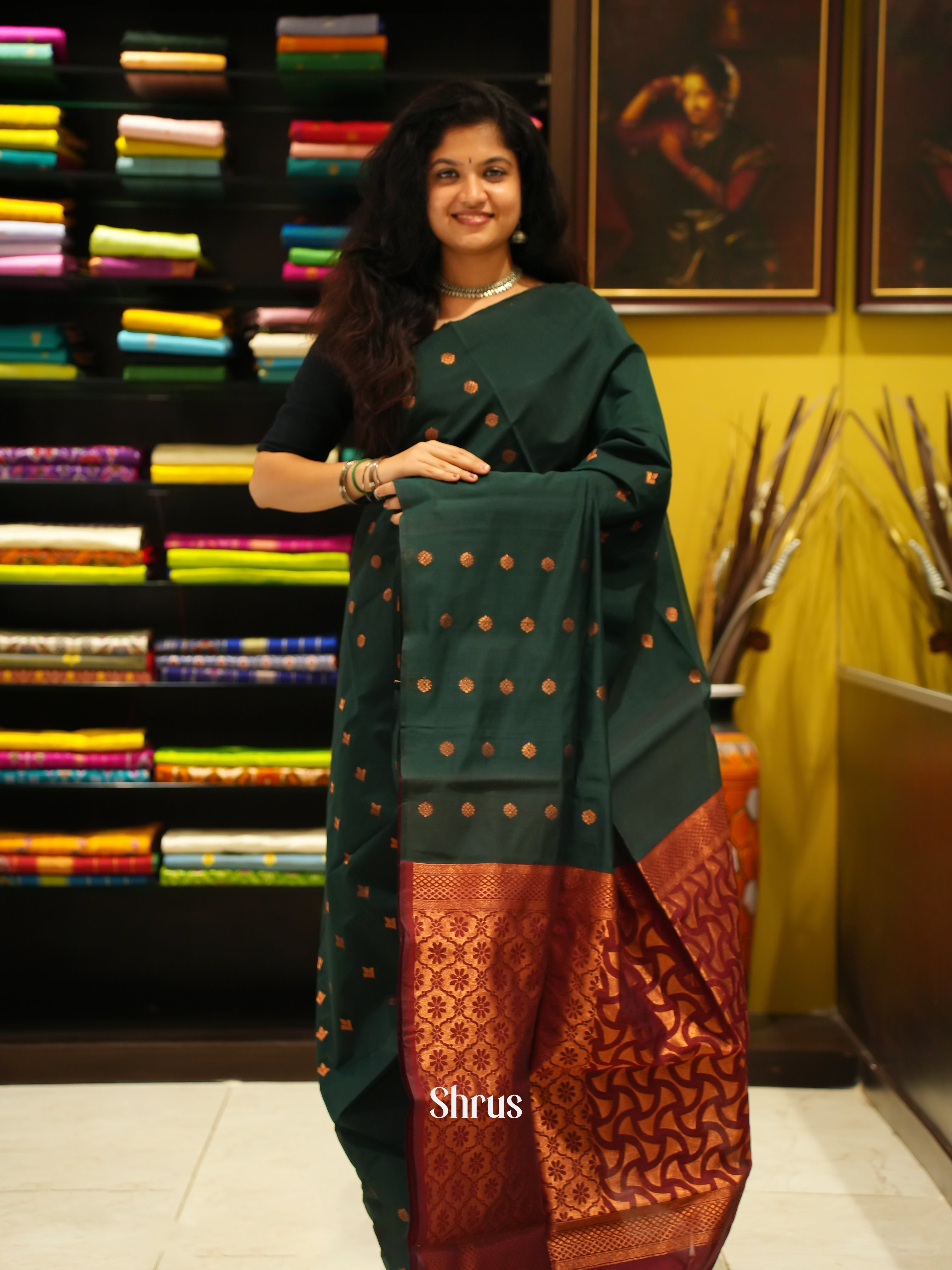 Green And Arakku Maroon- Semi Silk Cotton Saree