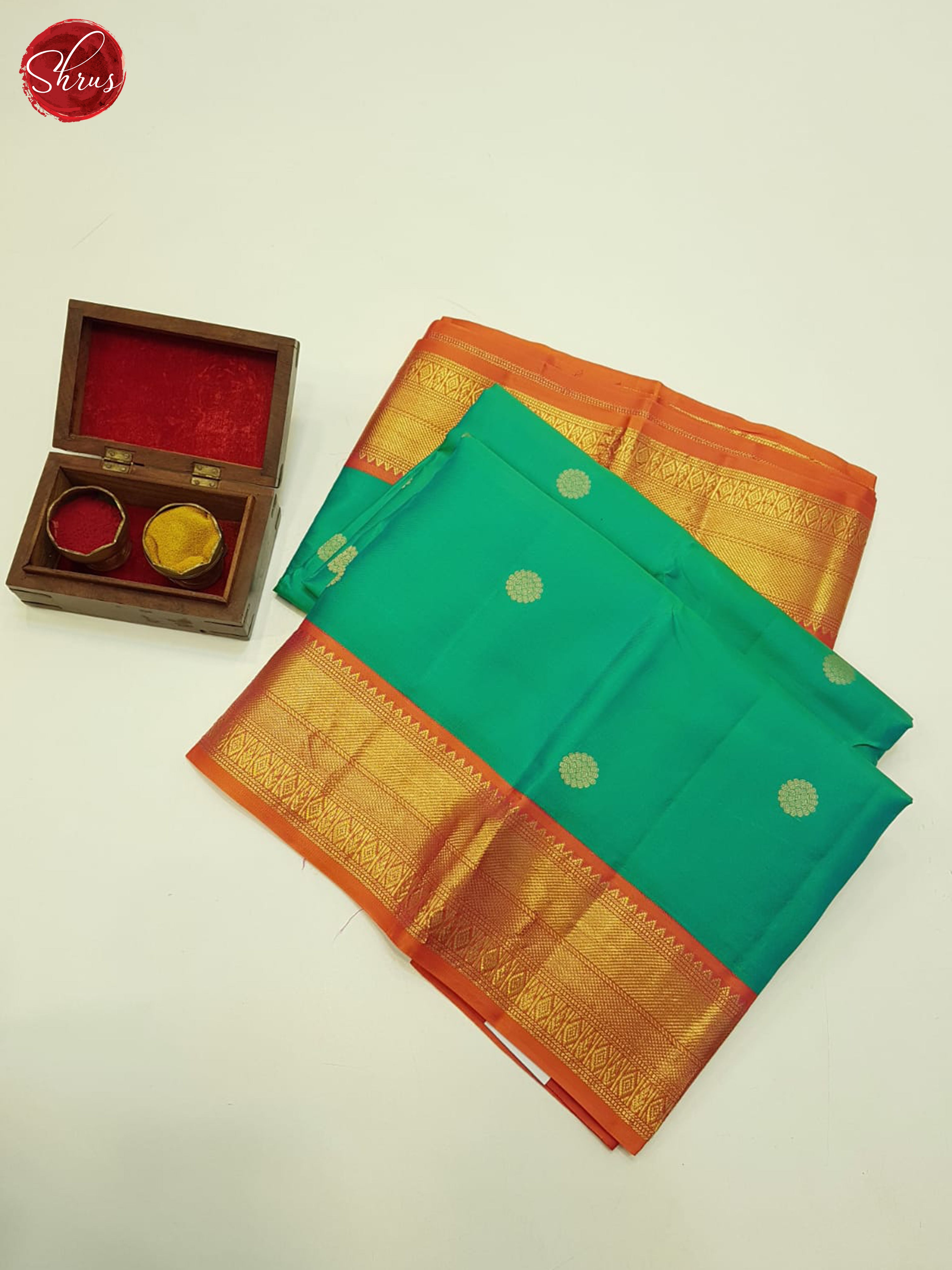 Teal Green And Orangish Pink-Kanchipuram Silk saree - Shop on ShrusEternity.com