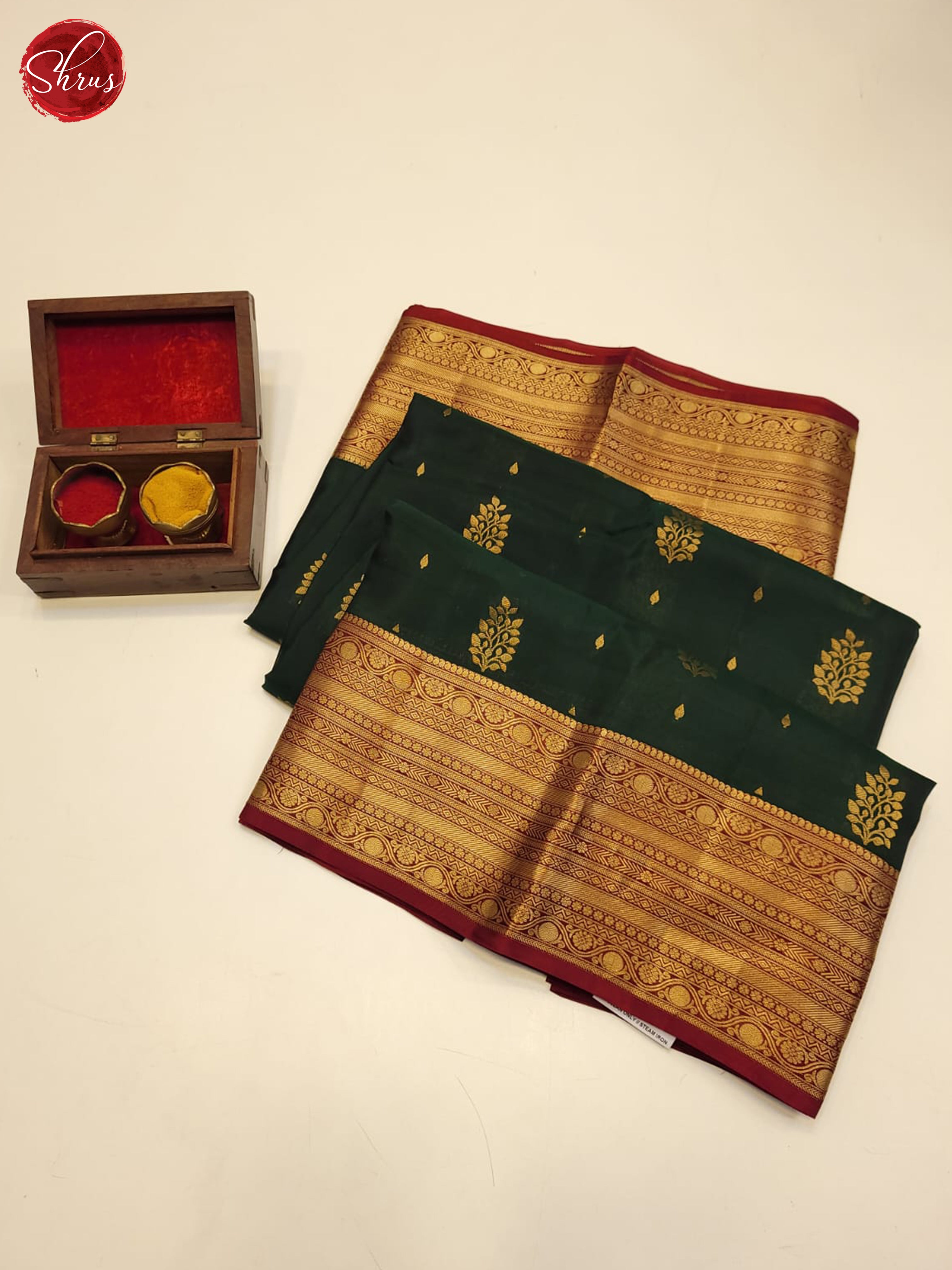 bottle green and maroon- Kanchipuram half- Pure Silk Saree - Shop on ShrusEternity.com