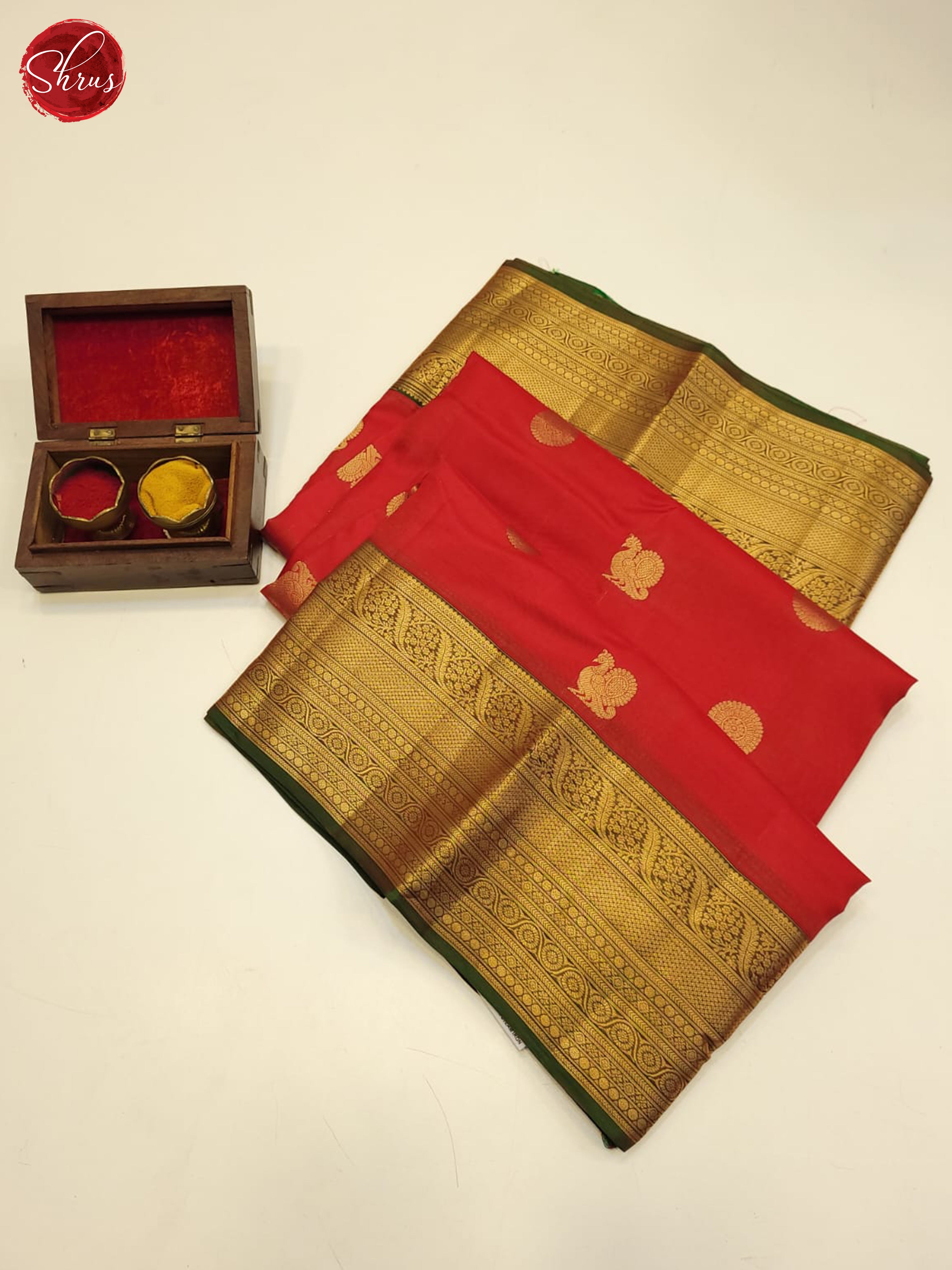 Red and Green- Kanchipuram half-pure Silk Saree - Shop on ShrusEternity.com