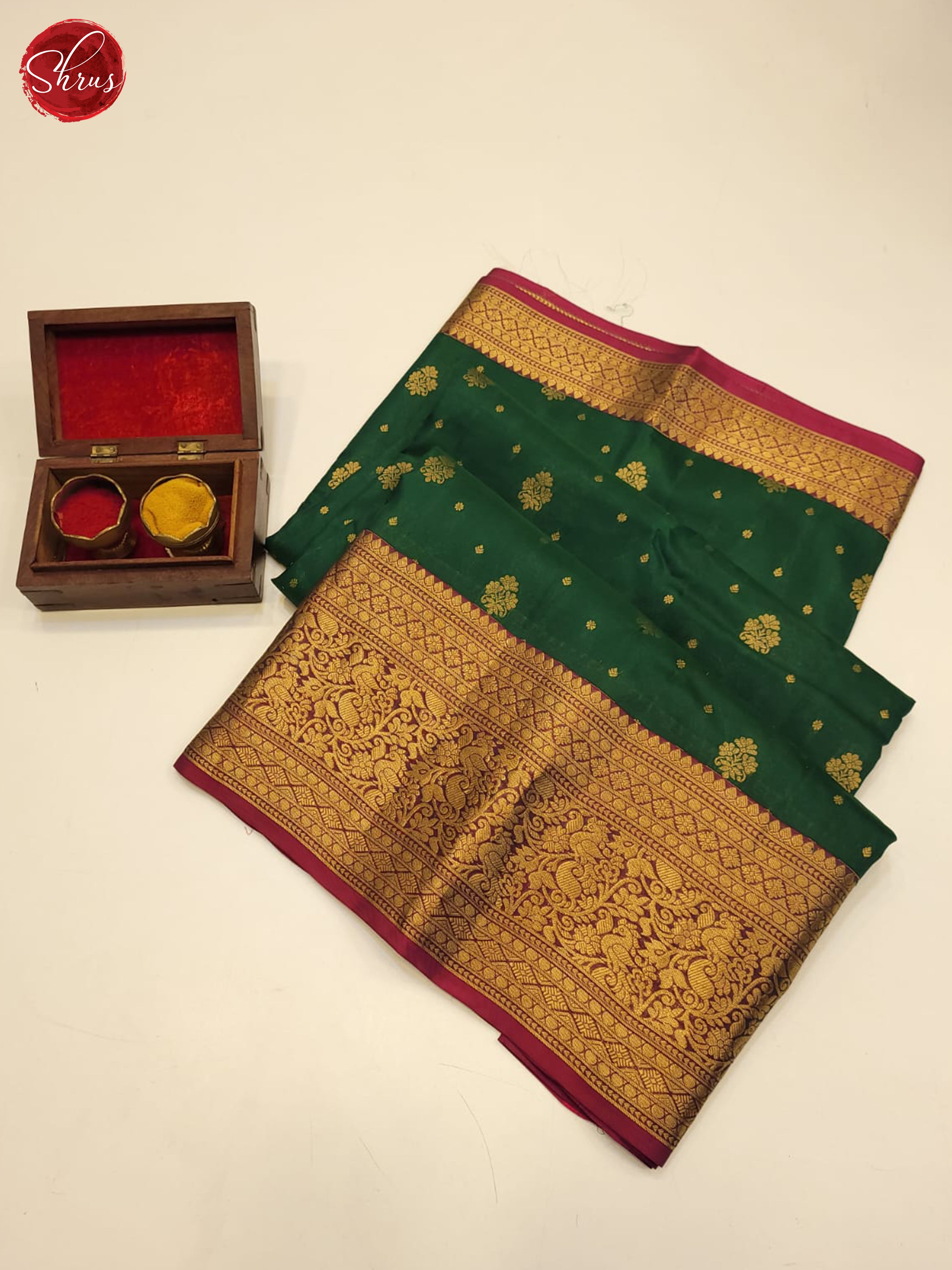 bottle green and pink- Kanchipuram Half pure Silk Saree - Shop on ShrusEternity.com