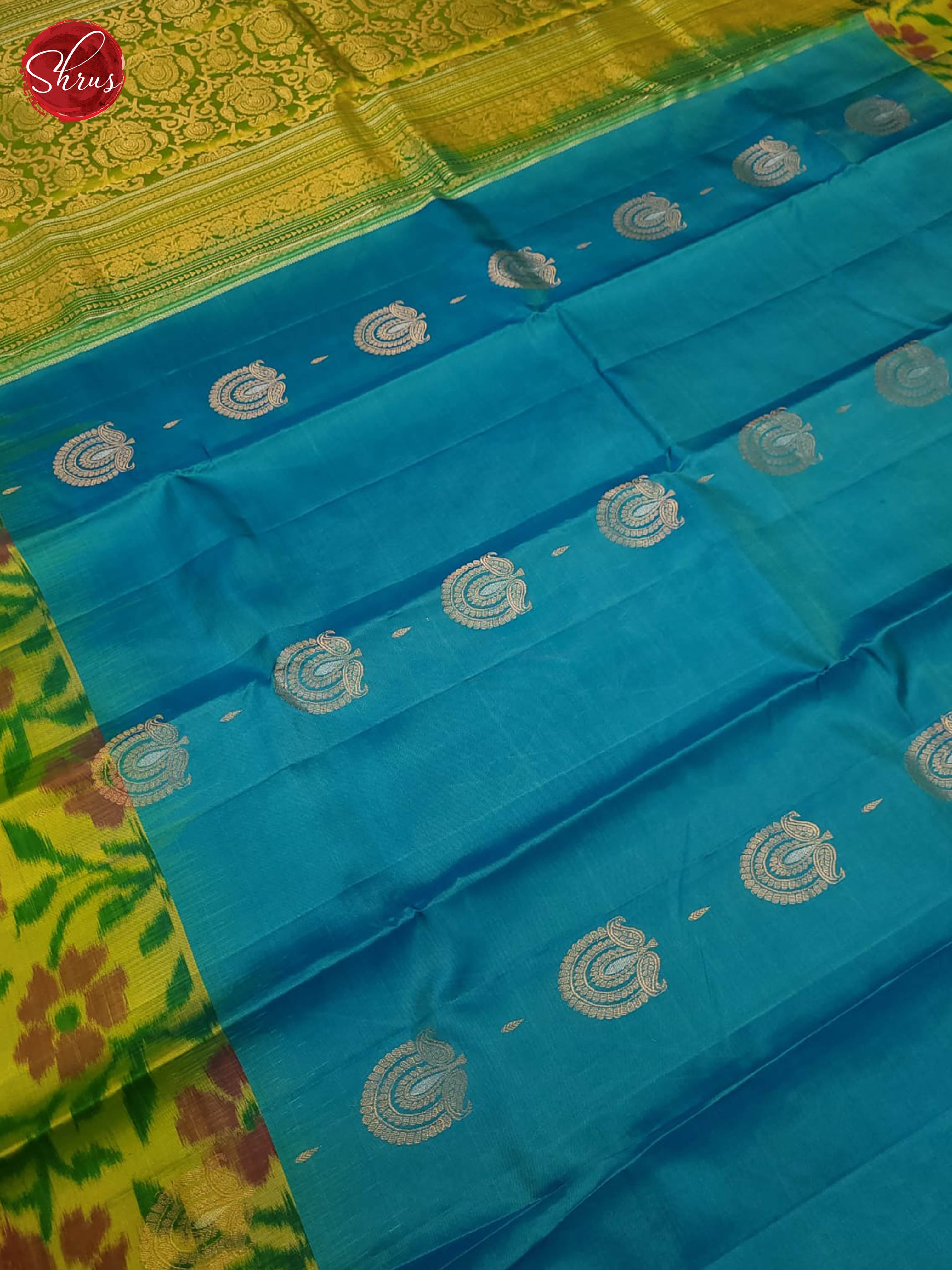 Teal & Parrot Green - Soft Silk Saree with Ikkat Print on both borders - Shop on ShrusEternity.com