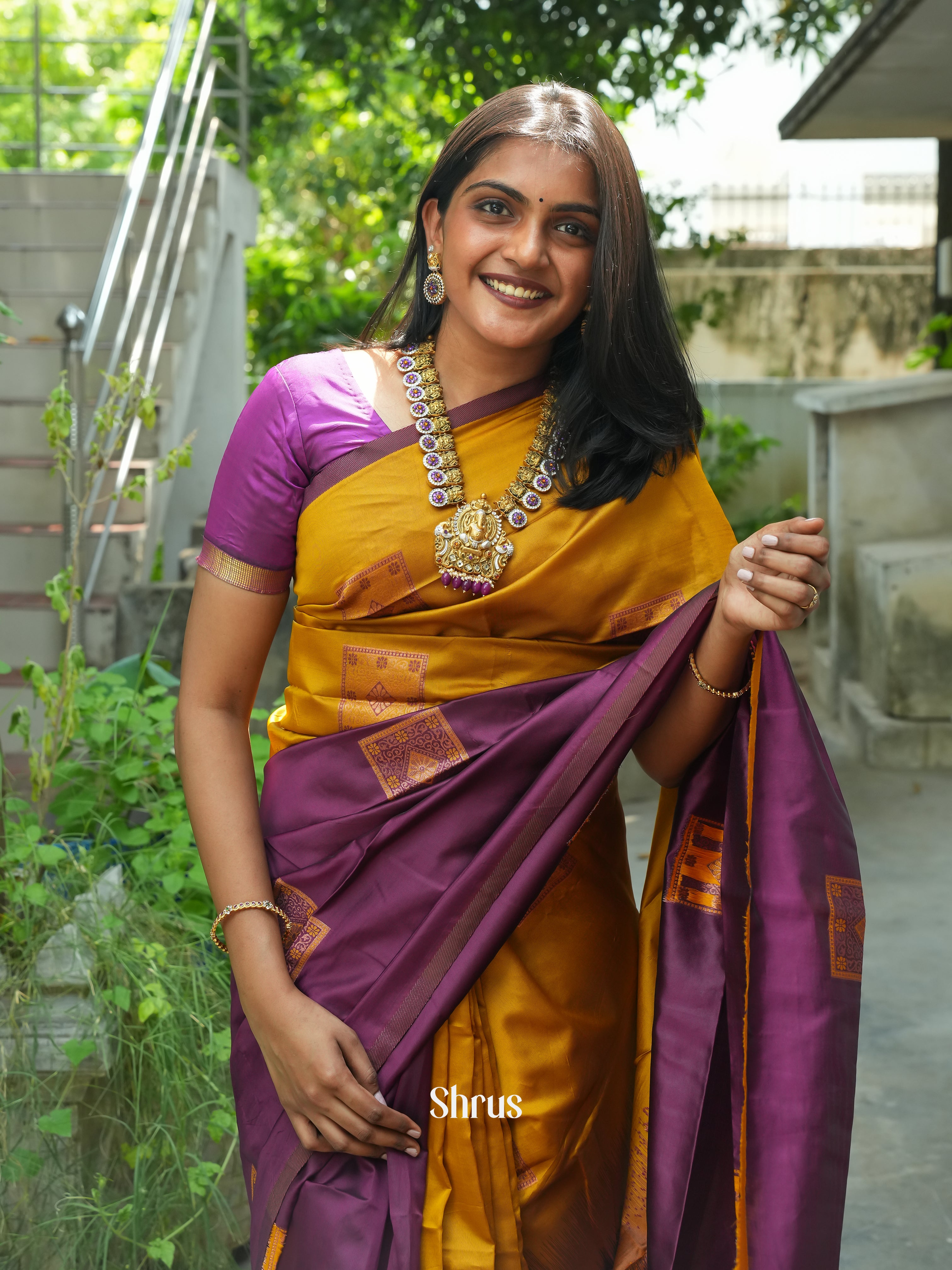 mustard and wine- semi Soft Silk Saree - Shop on ShrusEternity.com