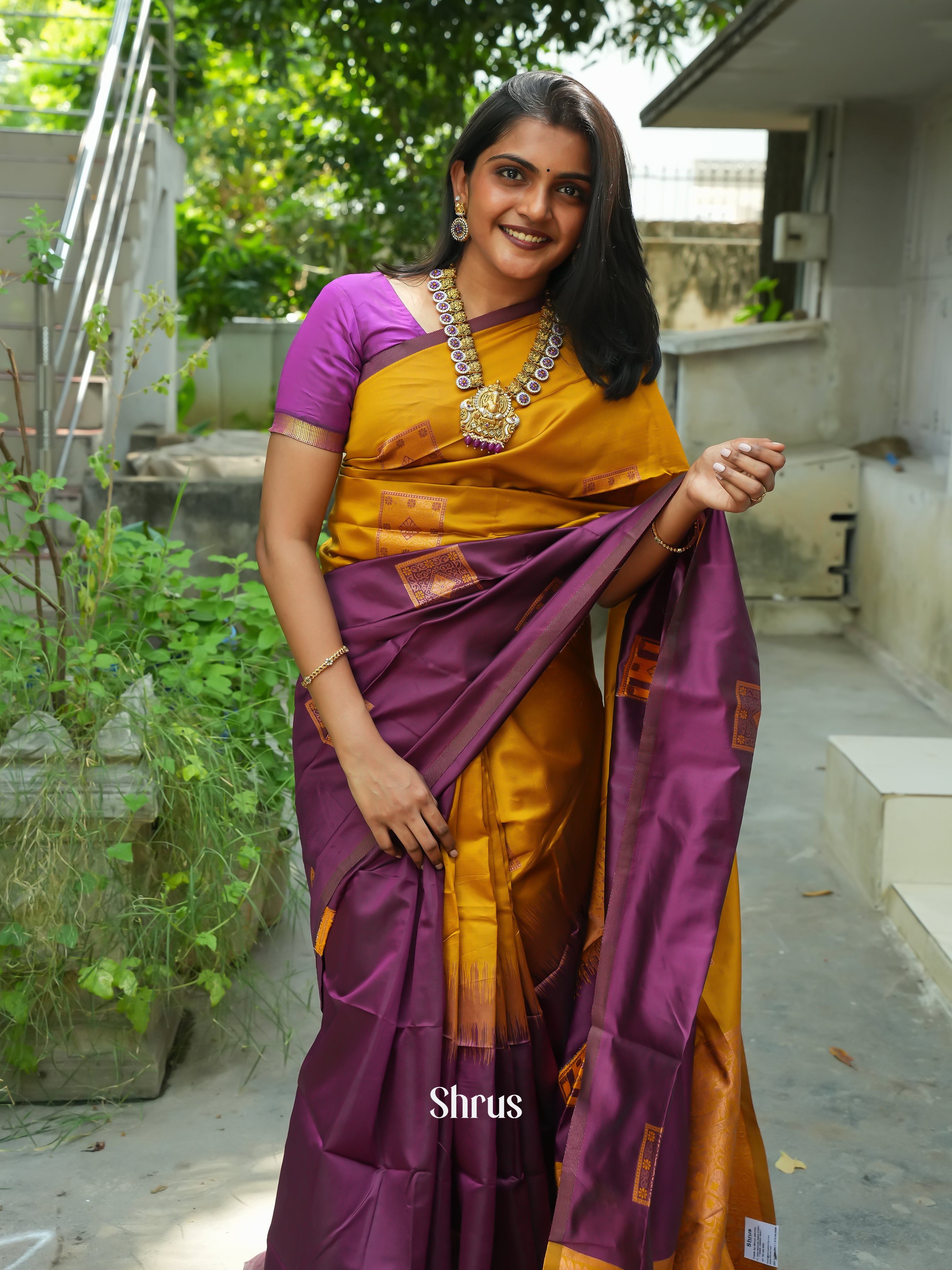 mustard and wine- semi Soft Silk Saree - Shop on ShrusEternity.com