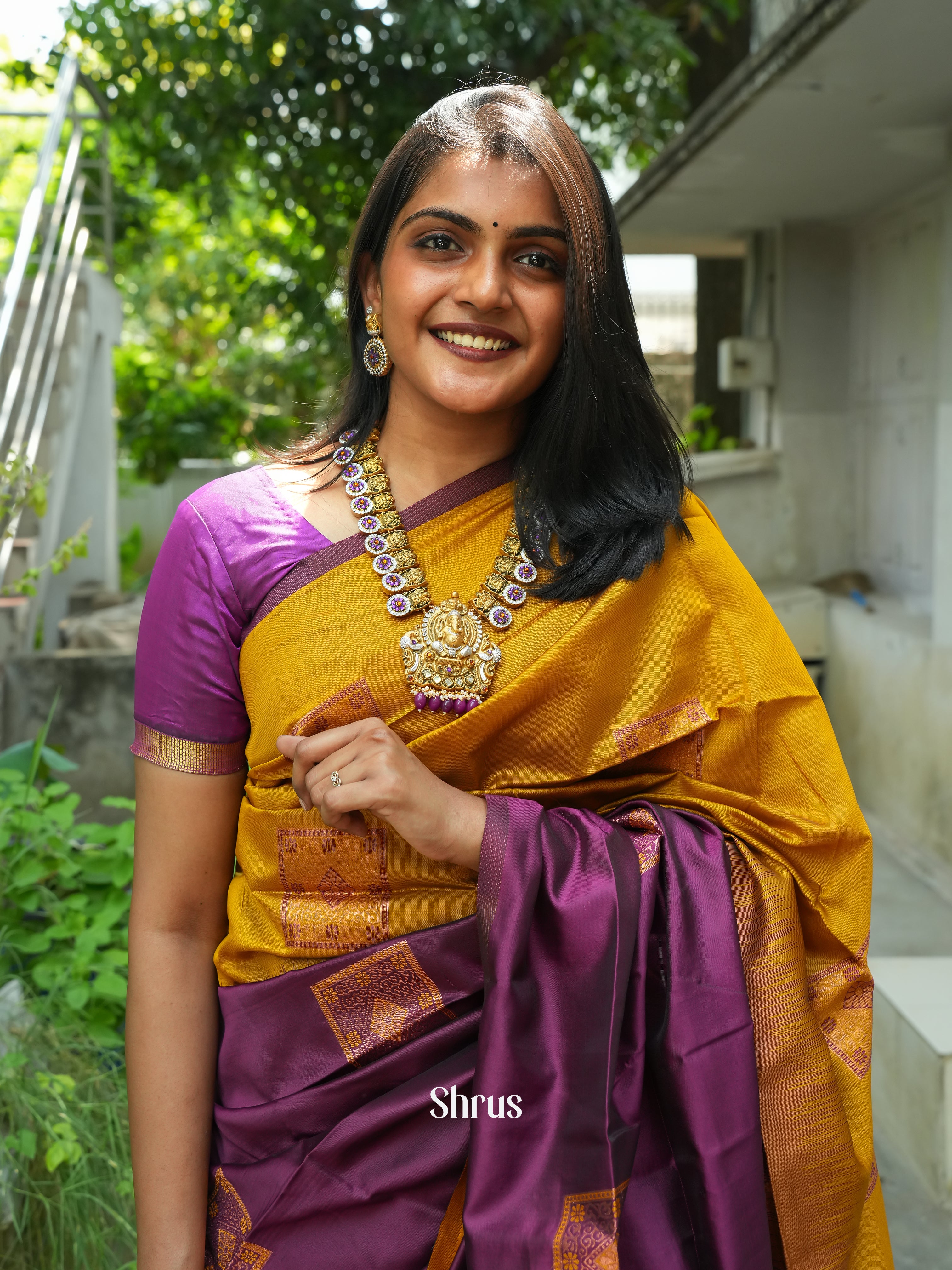 mustard and wine- semi Soft Silk Saree - Shop on ShrusEternity.com