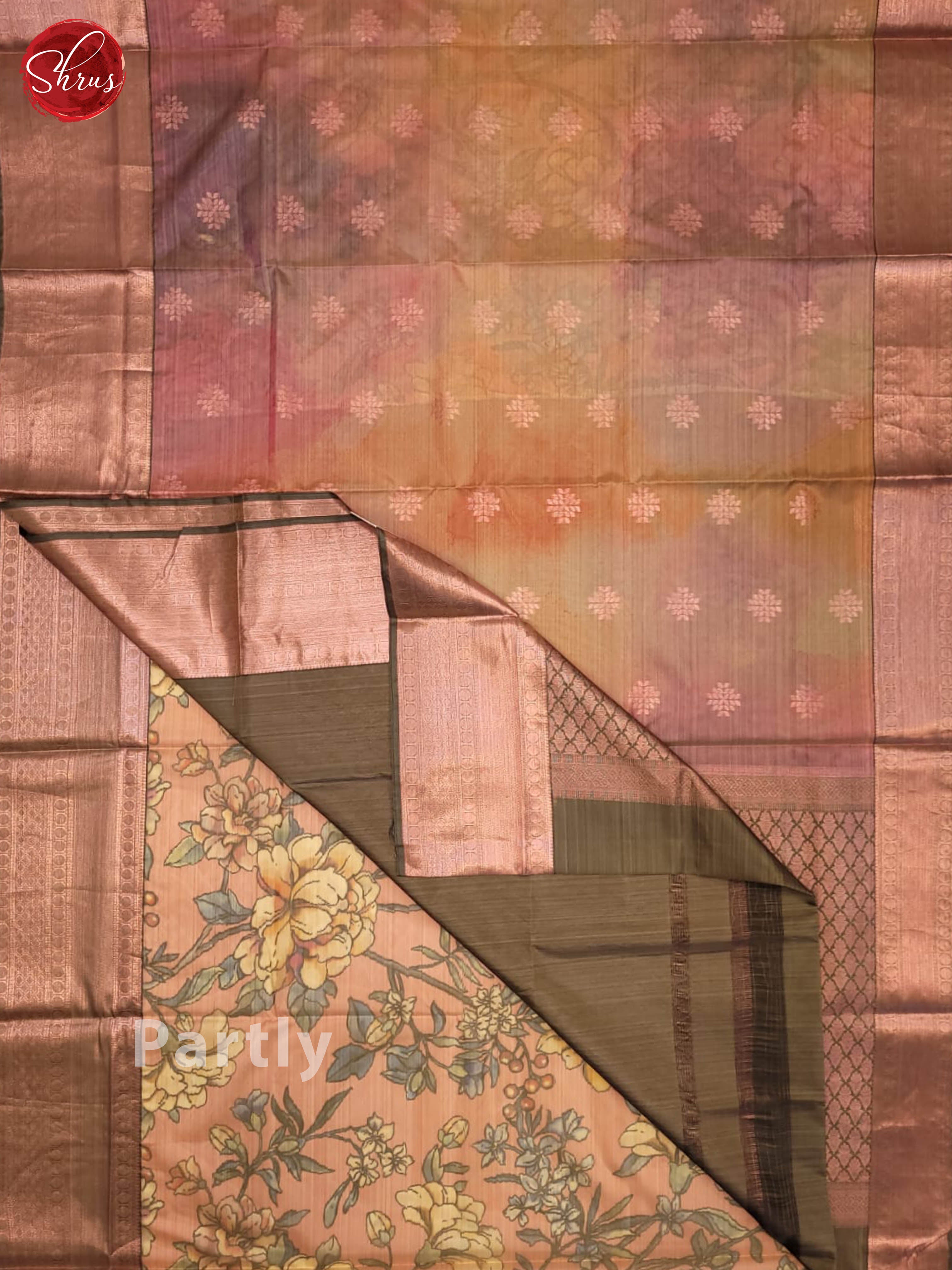 Peachish pink and olive green- Kanchipuram half-pure Silk Saree - Shop on ShrusEternity.com