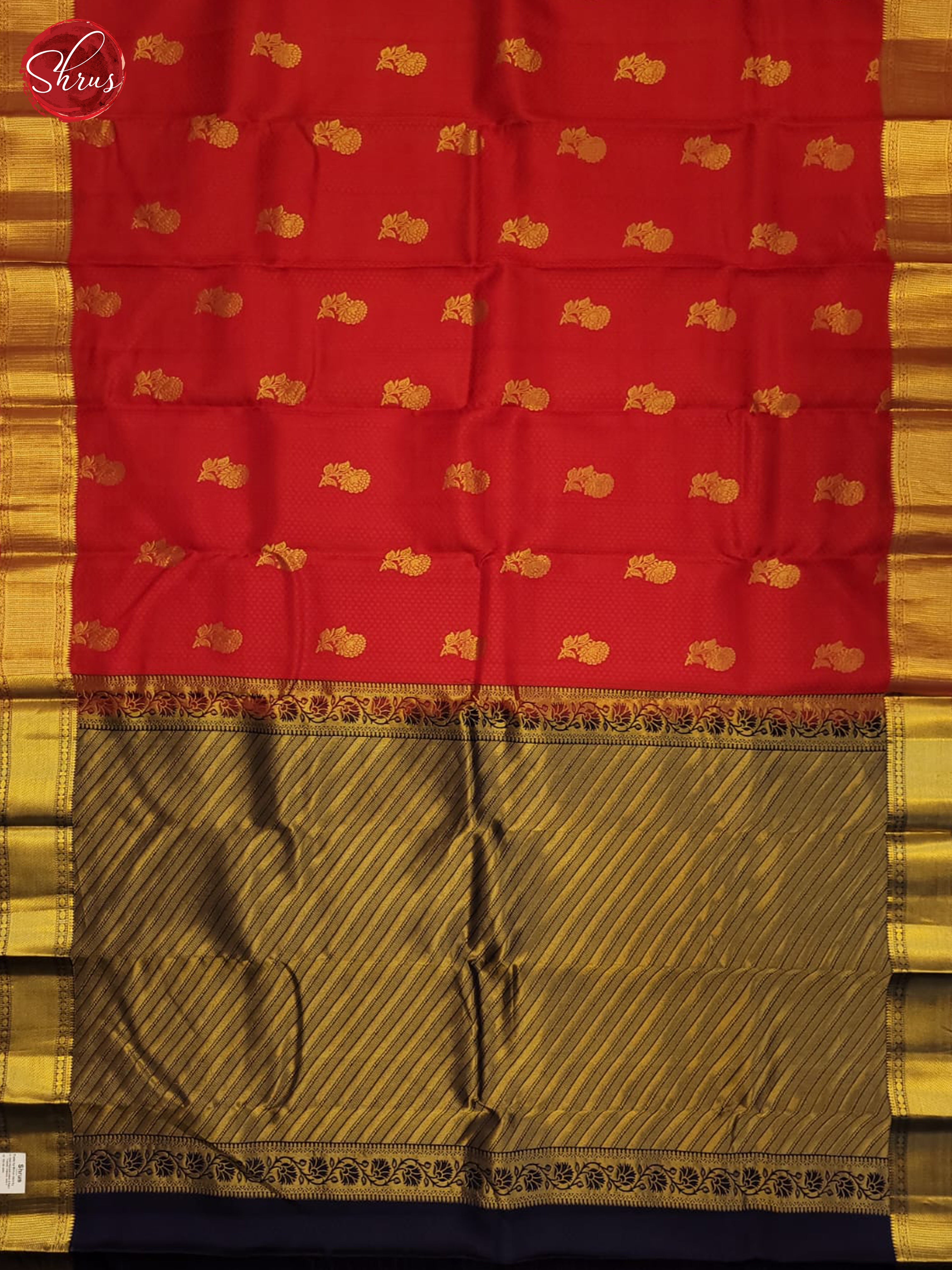 Red and Navy blue- Kanchipuram Half- Pure Silk Saree - Shop on ShrusEternity.com